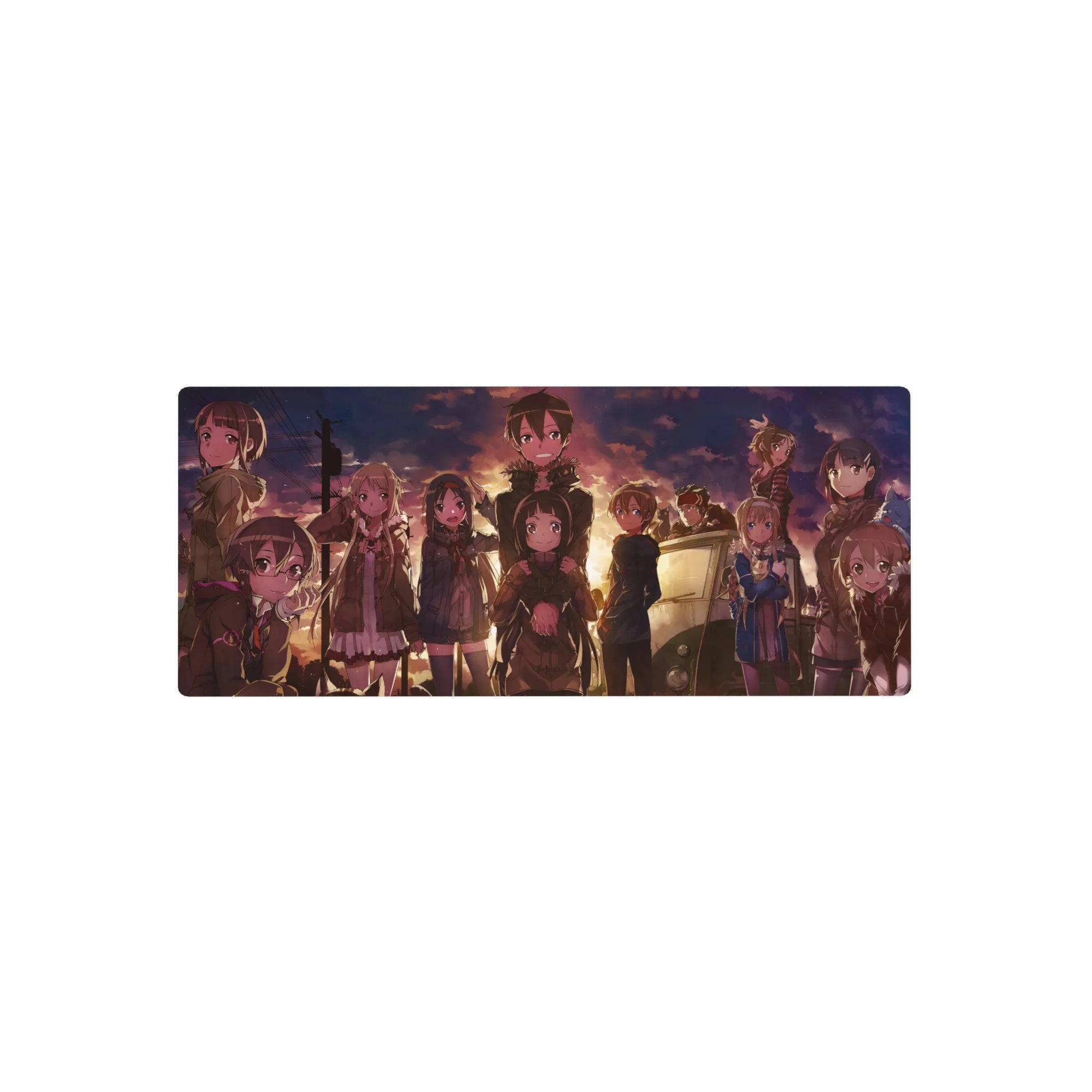 Anime mouse pad 28x12 inches with characters in warm sunset hues, featuring jackets, cats, and unique expressions.