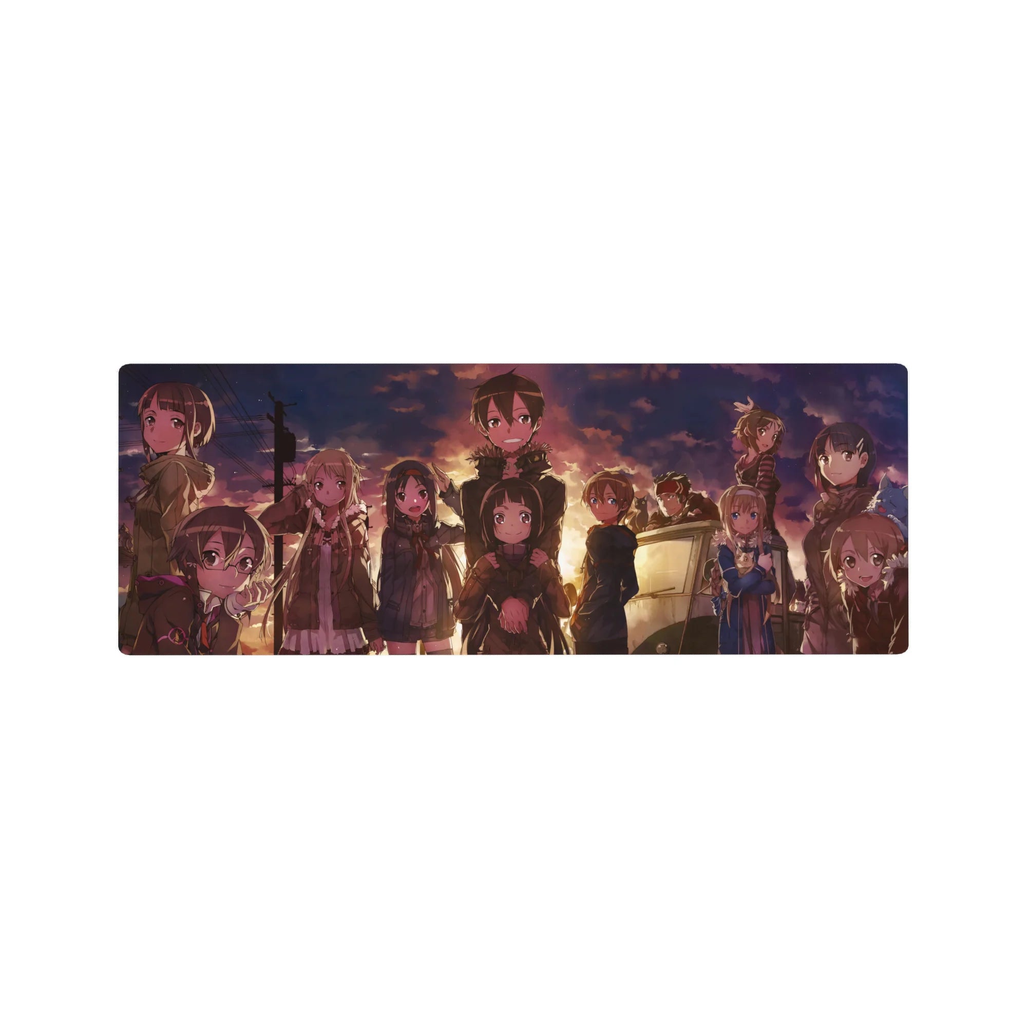 Anime mouse pad 32x12 inches featuring characters in jackets with cats at sunset, warm lighting and nostalgic atmosphere.