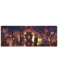 Anime mouse pad 32x12 inches featuring characters in jackets with cats at sunset, warm lighting and nostalgic atmosphere.