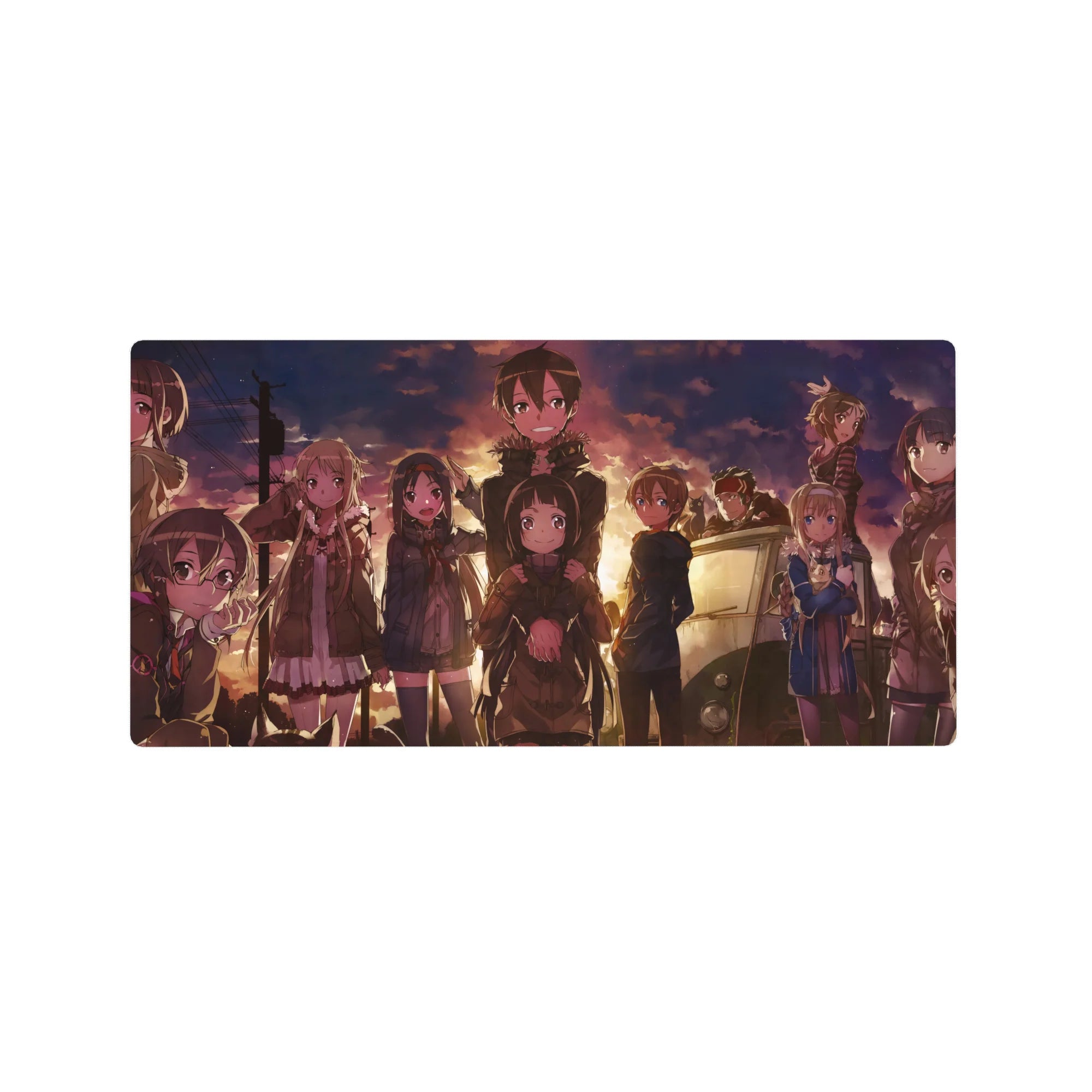 Anime mouse pad 32x16 inches featuring characters in sunset glow; warm hues, unique expressions, and nostalgic ambiance.