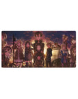 Anime mouse pad 32x16 inches featuring characters in sunset glow; warm hues, unique expressions, and nostalgic ambiance.