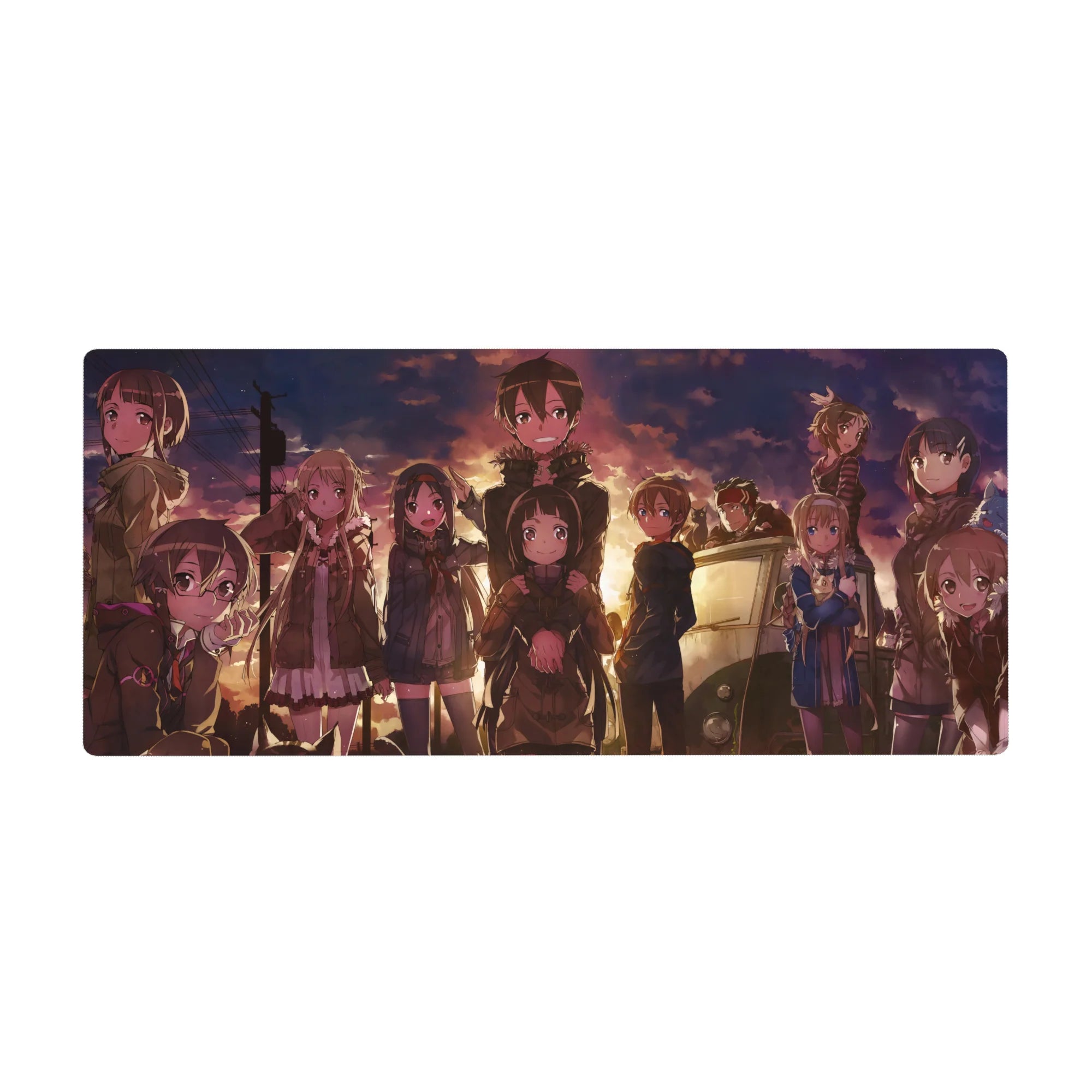 Anime mouse pad 36x16 inches featuring characters in a golden sunset; warm hues and serene expressions evoke nostalgia.