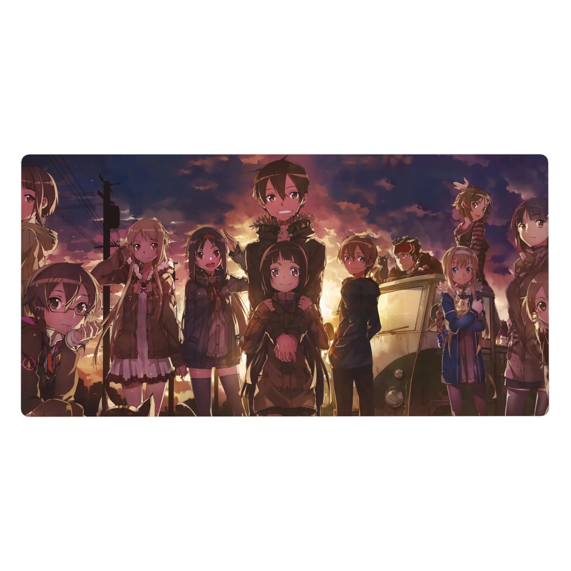 Anime mouse pad 40x20 inches featuring characters in warm golden hour sunset, capturing cozy, nostalgic vibes.