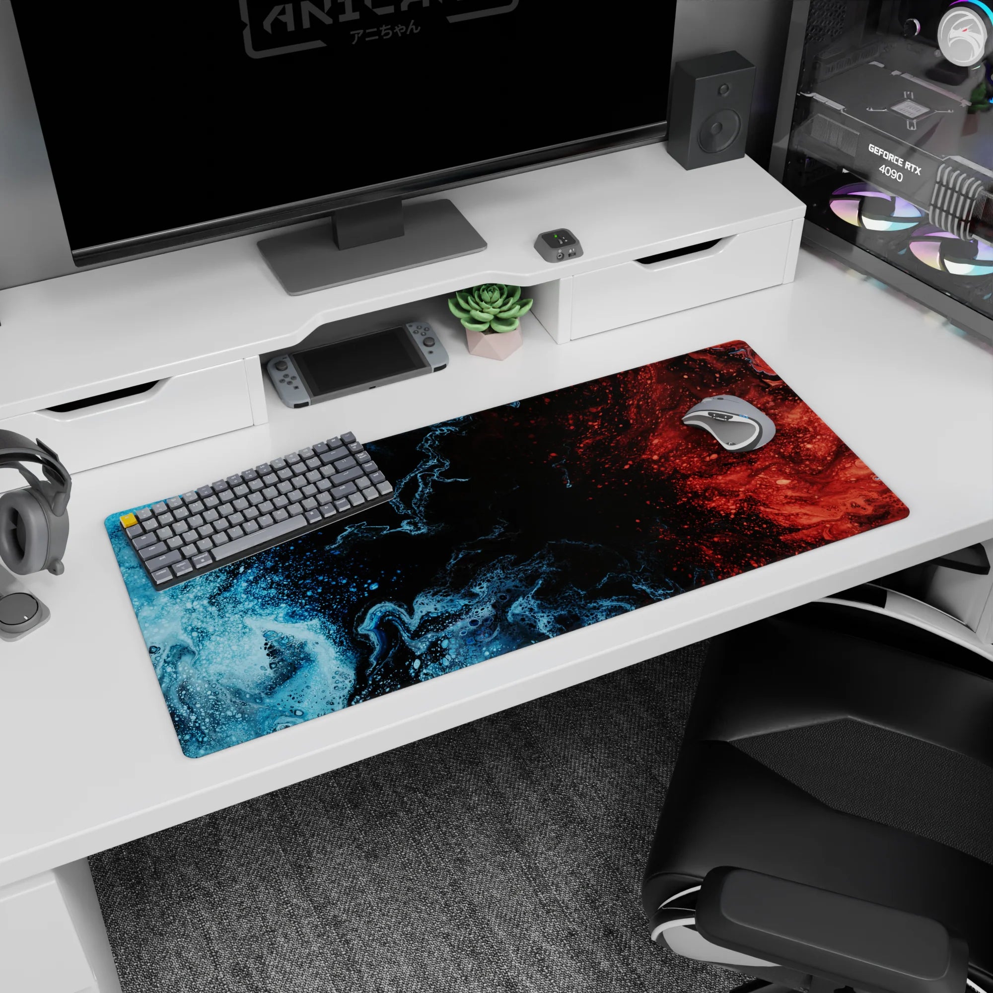 Liquid Abstract Deskmat | Mousepad | Deskpad - Blue-Red Collision - AniChan