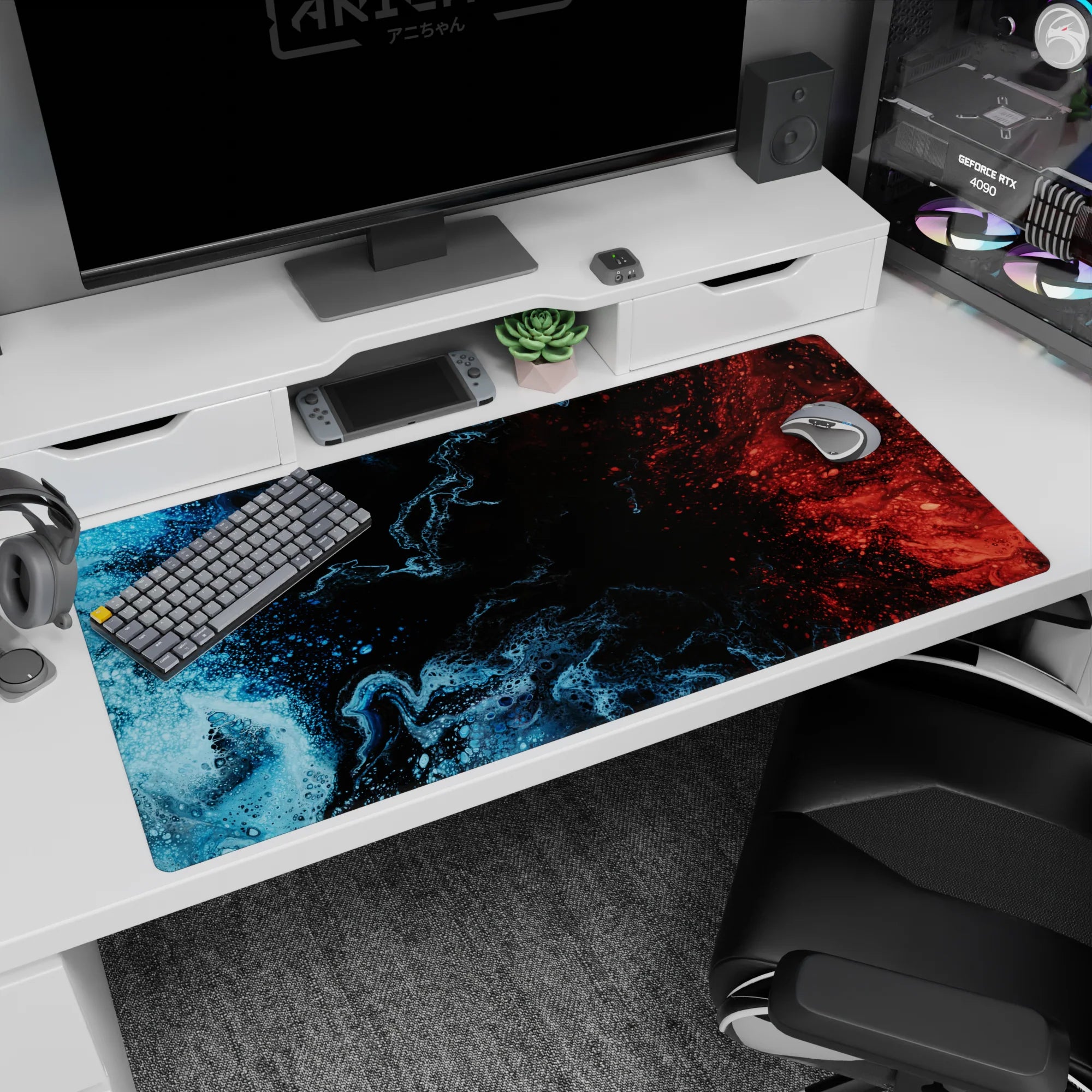 Liquid Abstract Deskmat | Mousepad | Deskpad - Blue-Red Collision - AniChan