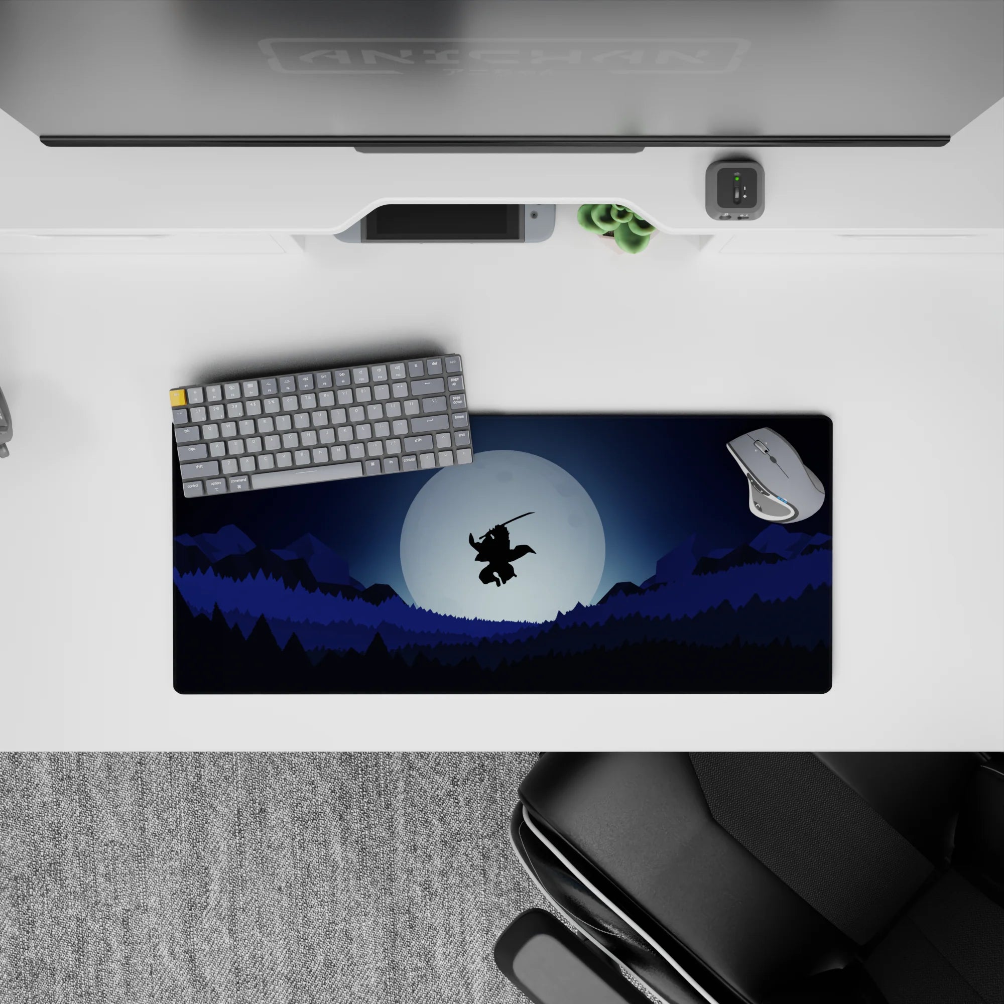 Anime mouse pad 28x12 inches featuring a lone samurai silhouetted against a full moon, soaring above forests and mountains.
