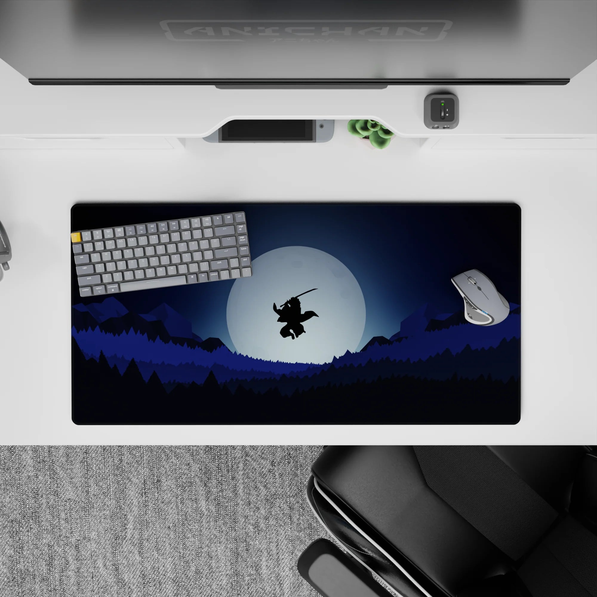 Anime mouse pad 32x16 inches featuring a lone samurai silhouetted against a full moon amid forests and mountains.