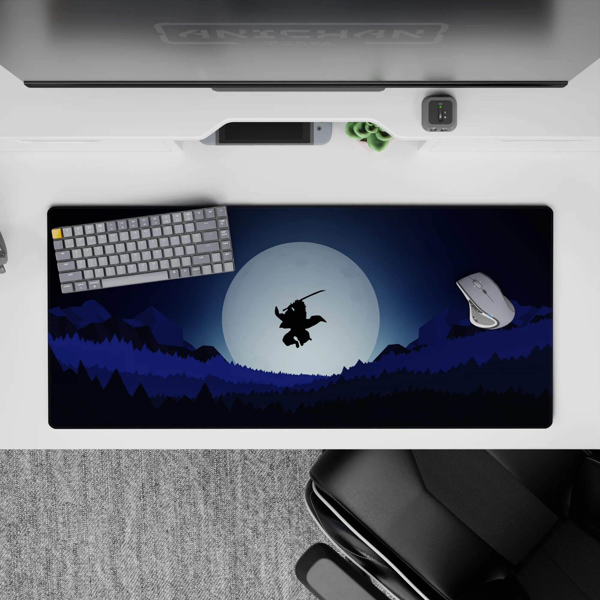 Anime mouse pad 36x16 inches featuring a lone samurai, silhouetted against a full moon, soaring above forests and mountains.