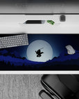 Anime mouse pad 36x16 inches featuring a lone samurai, silhouetted against a full moon, soaring above forests and mountains.