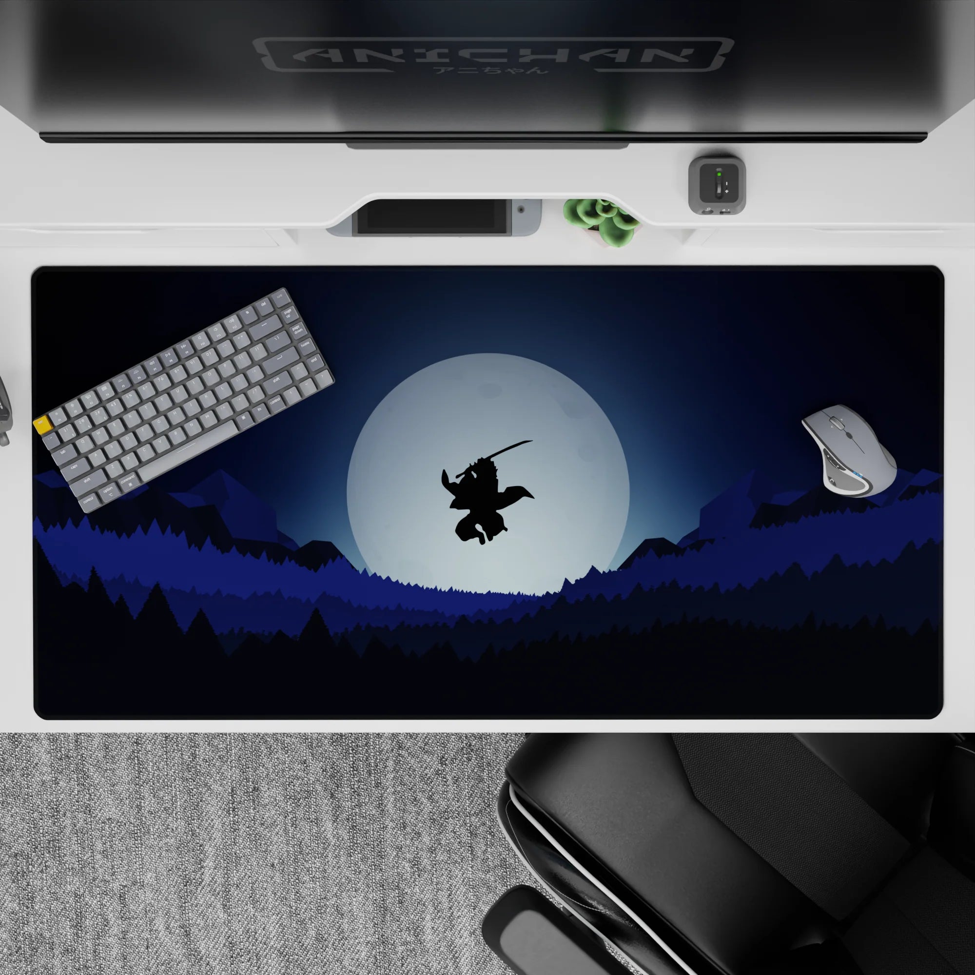 Anime mouse pad 40x20 inches featuring a lone samurai silhouetted against a full moon over forests and mountains.
