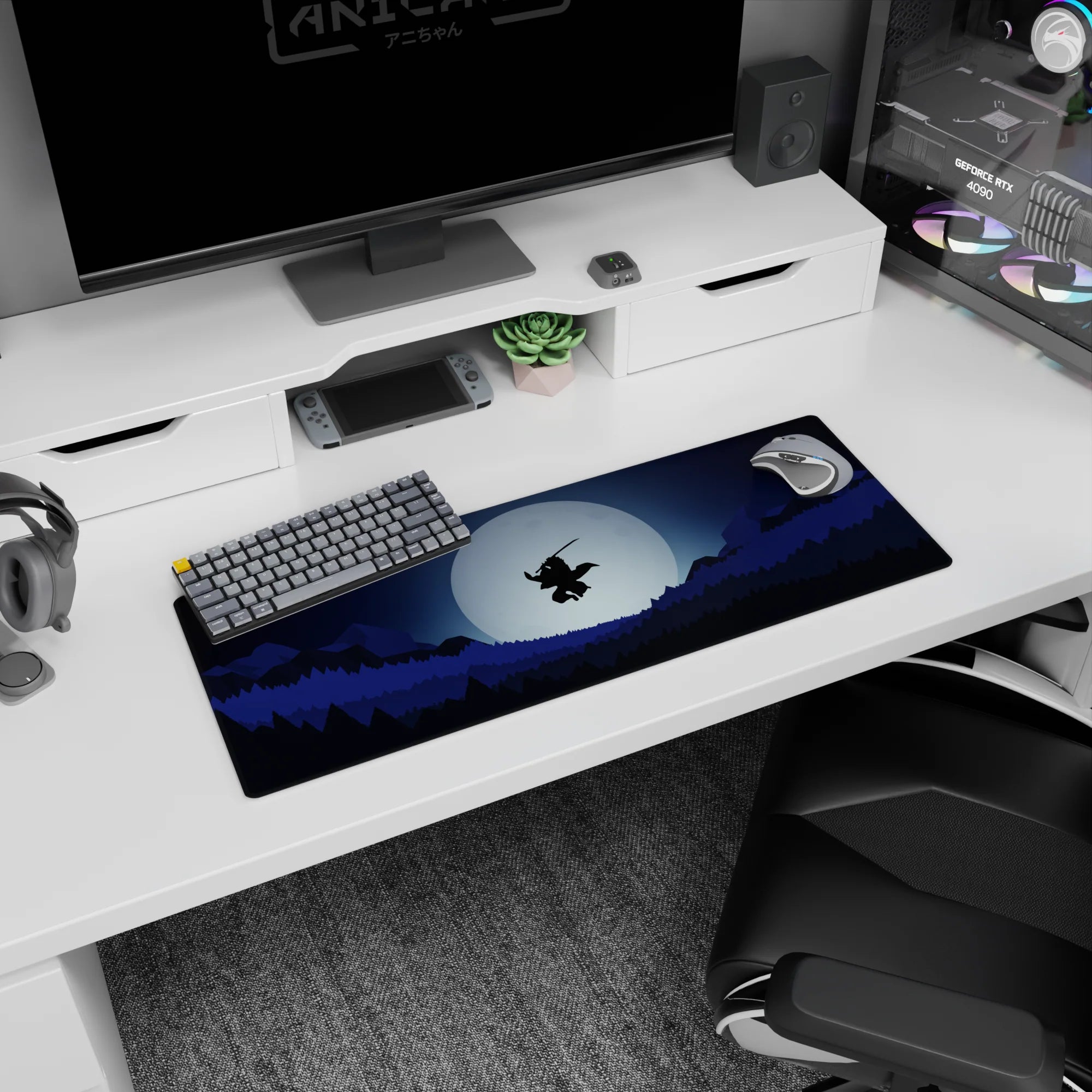 Samurai anime mouse pad, 32x12 inches, featuring a lone samurai mid-air against a full moon with forests and mountains.