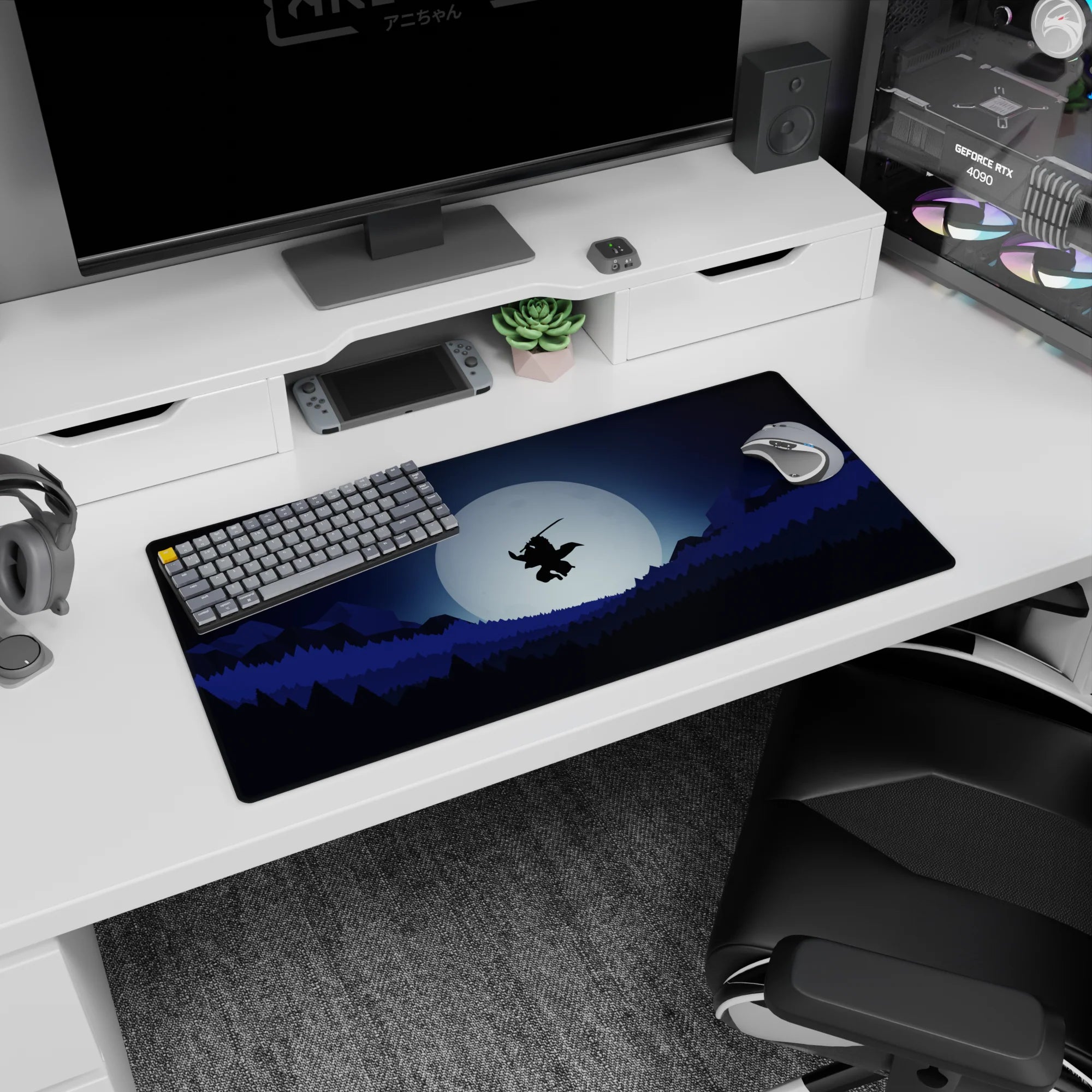 Samurai anime mouse pad 32x16 inches, features a lone samurai mid-air against a full moon, above forests and mountains.