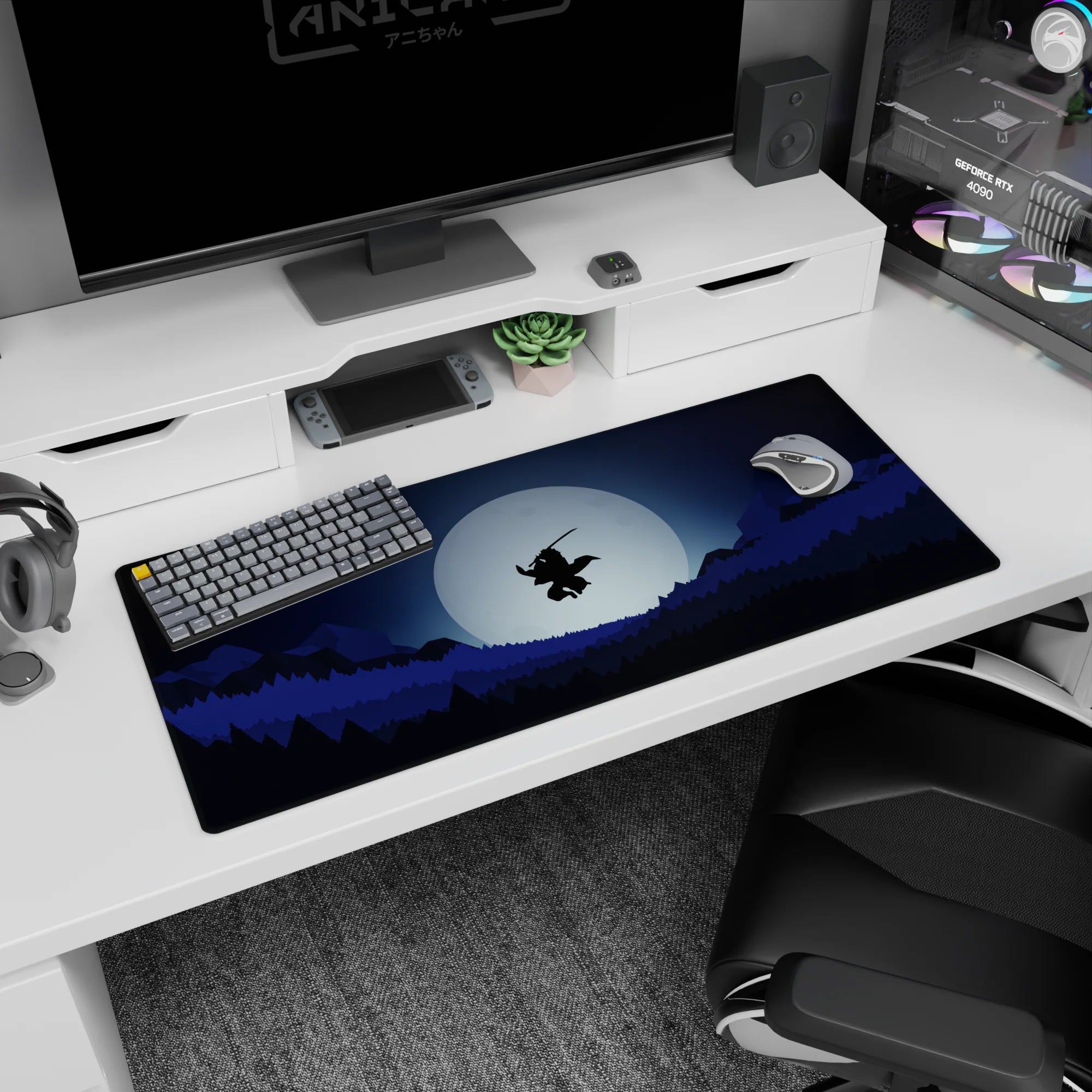 Anime desk pad 36x16 inches with a lone samurai silhouetted mid-air against a full moon, cool blues and deep blacks.