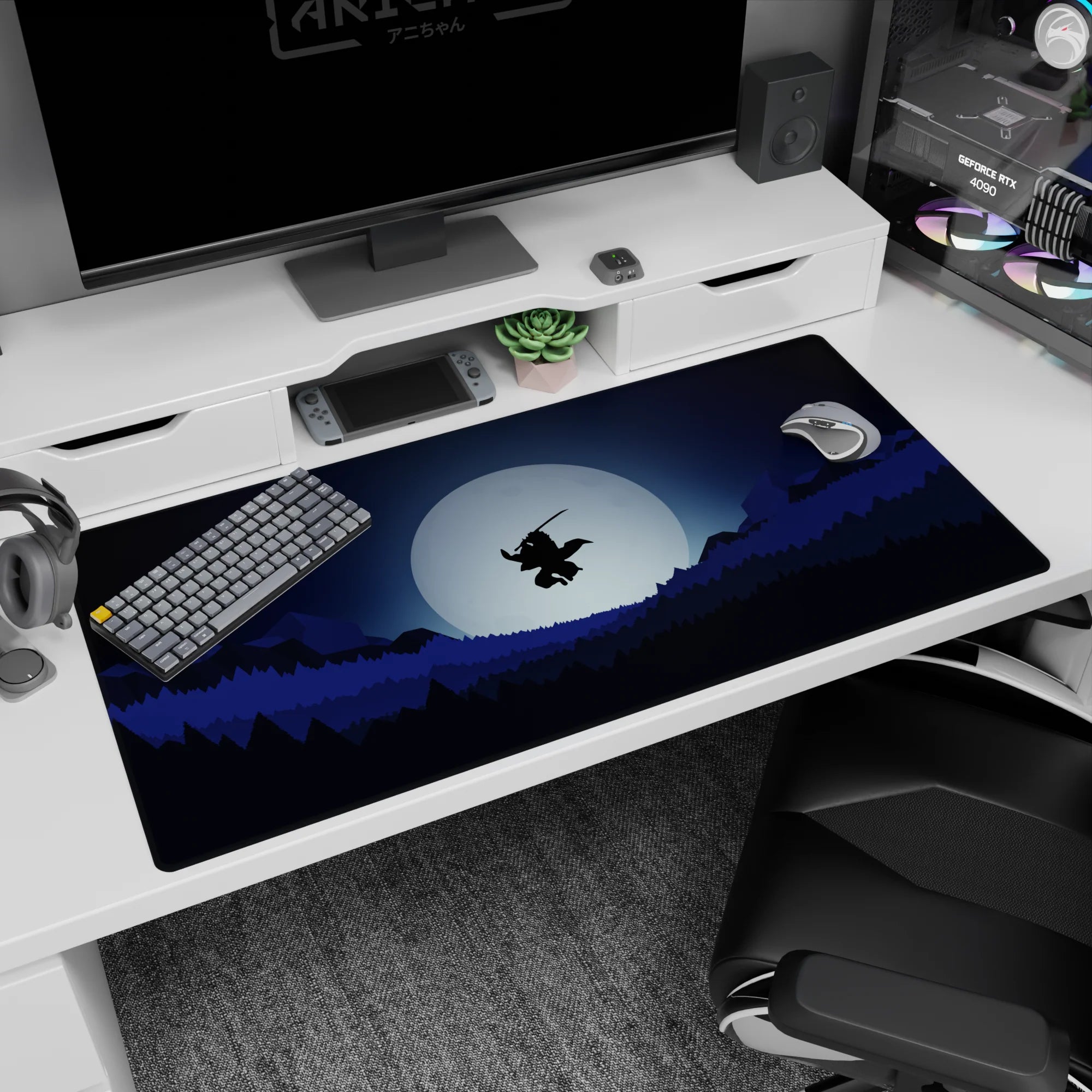 Anime desk pad 40x20 inches featuring a lone samurai silhouetted against a full moon above forests and mountains.