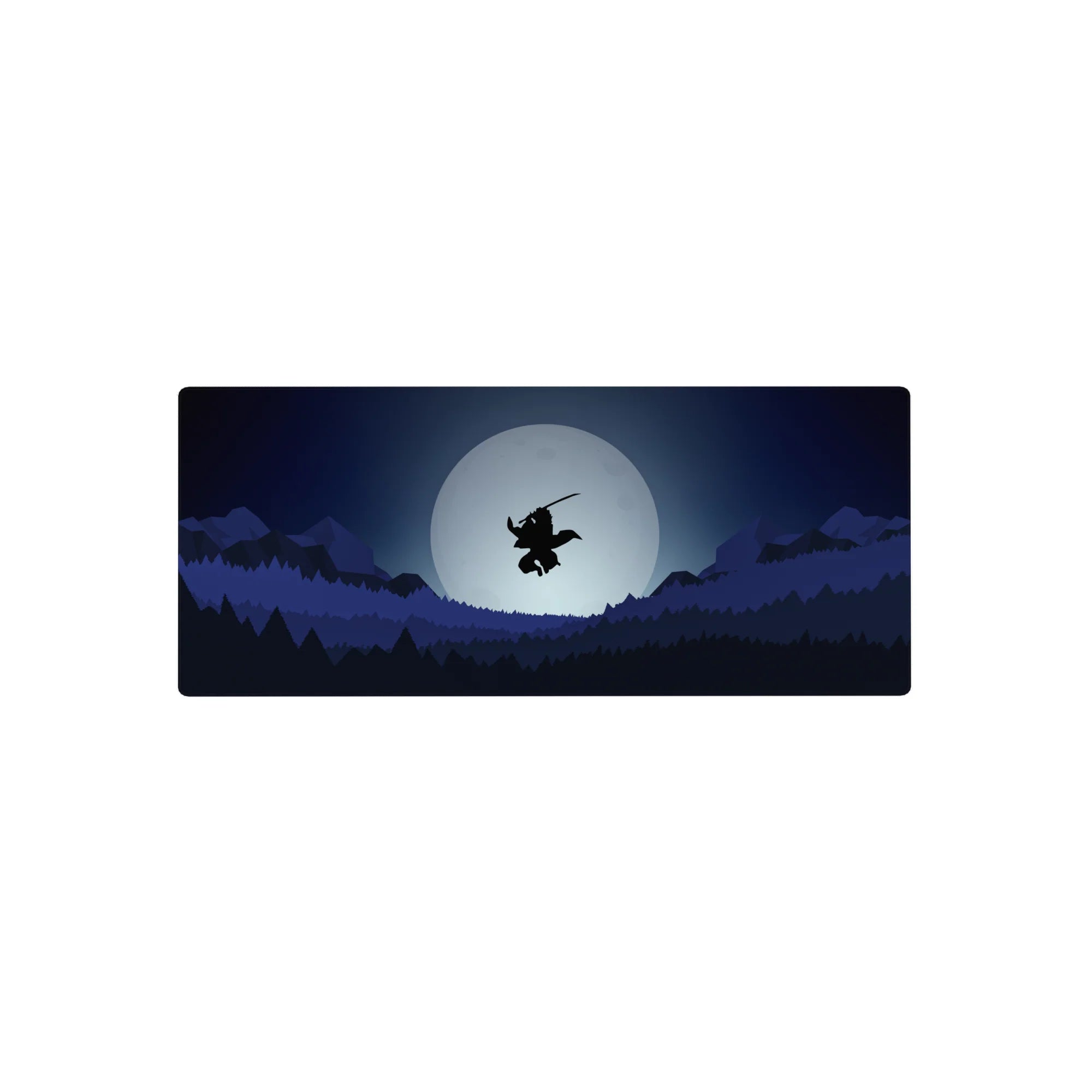 Anime mouse pad 28x12 inches featuring a lone samurai mid-air against a full moon, with blues and blacks for a serene vibe.