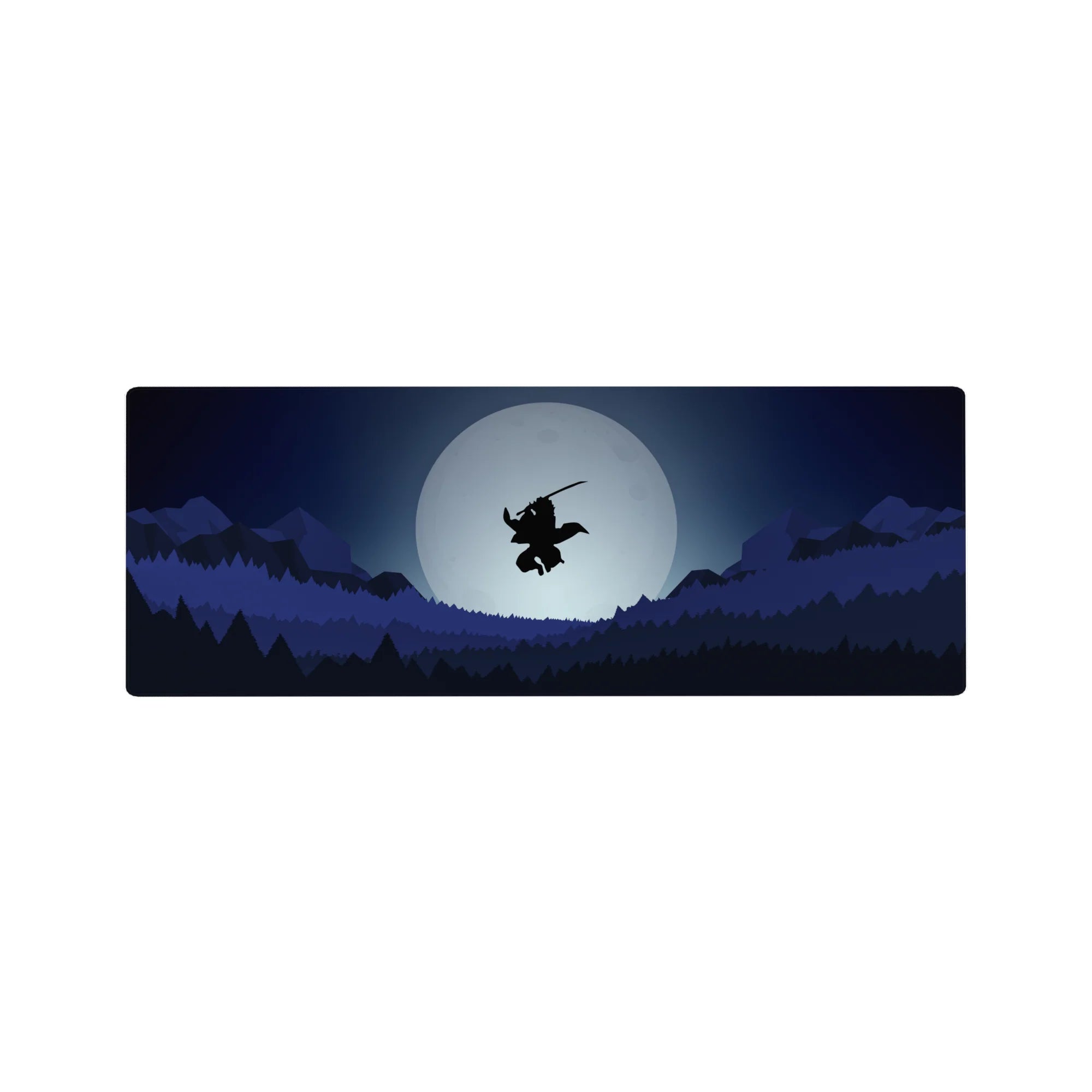 Mouse pad 32x12 inches featuring a lone samurai silhouetted against a full moon, soaring above forests and mountains.
