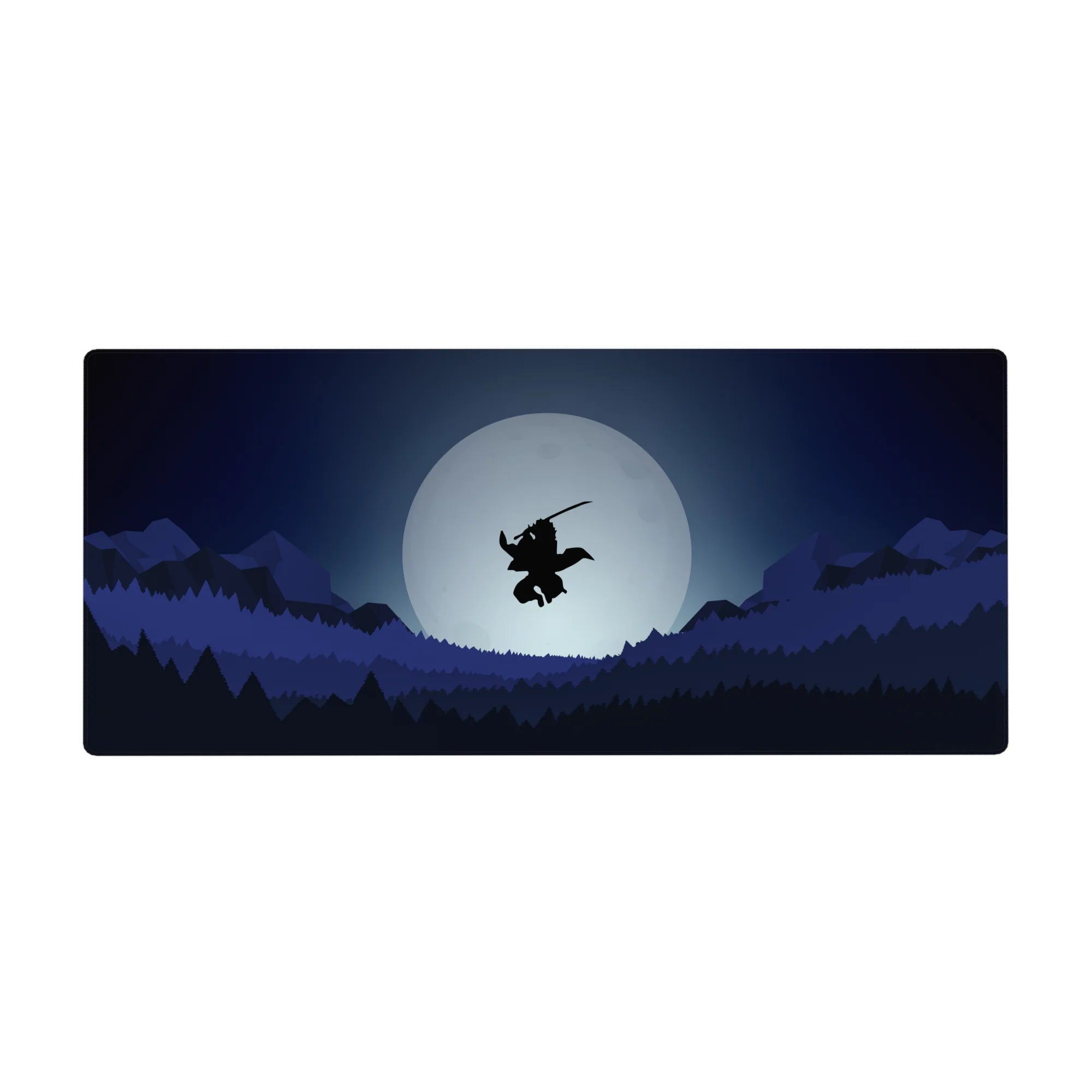 Anime desk pad featuring a lone samurai silhouetted against a full moon, 36x16 inches, in cool blues and deep blacks.