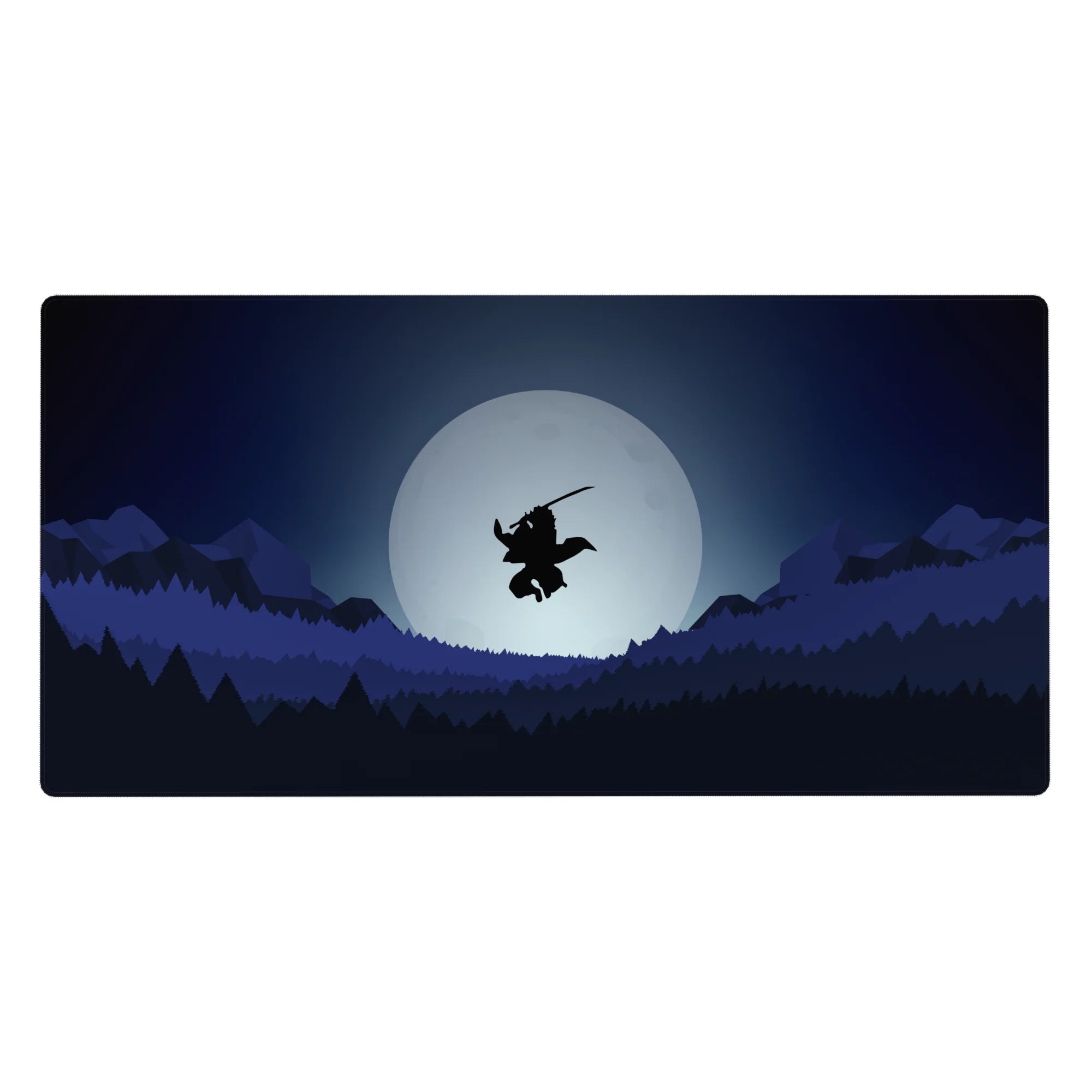 Anime desk pad 40x20 inches featuring a lone samurai silhouetted mid-air against a full moon, with forests and mountains.