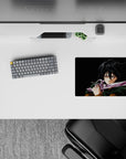 Anime mouse pad 14x10 inches featuring Mikasa Ackerman from Attack on Titan mid-battle with intense gaze and green cloak.