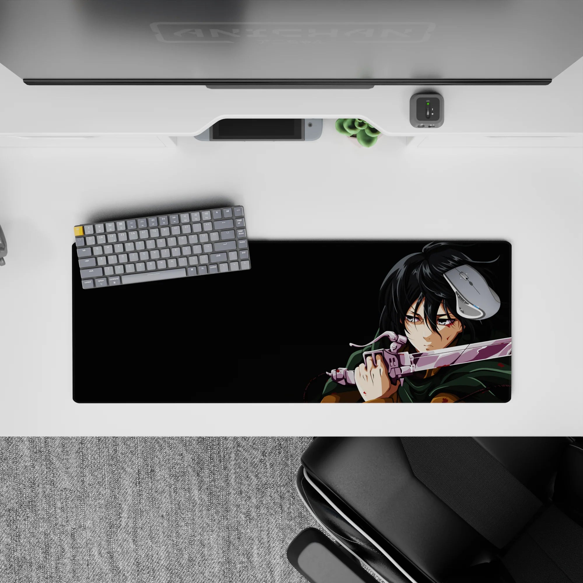 Anime mouse pad 32x12 inches featuring Mikasa Ackerman from Attack on Titan, showcasing her intense gaze and battle scene.