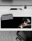 Anime mouse pad 32x12 inches featuring Mikasa Ackerman from Attack on Titan, showcasing her intense gaze and battle scene.
