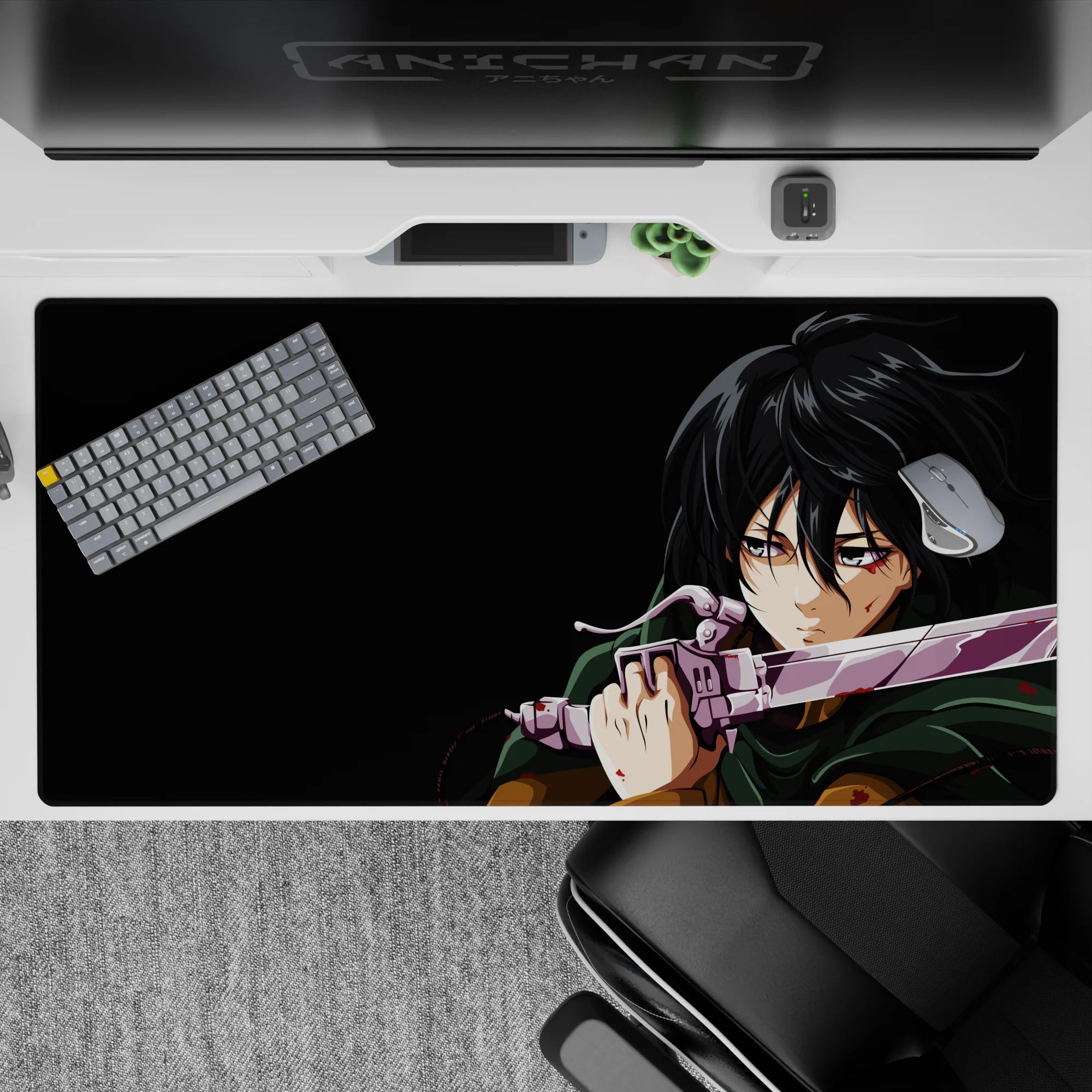 Anime desk pad featuring Mikasa Ackerman from Attack on Titan, size 40x20 inches, intense battle scene with green cloak.