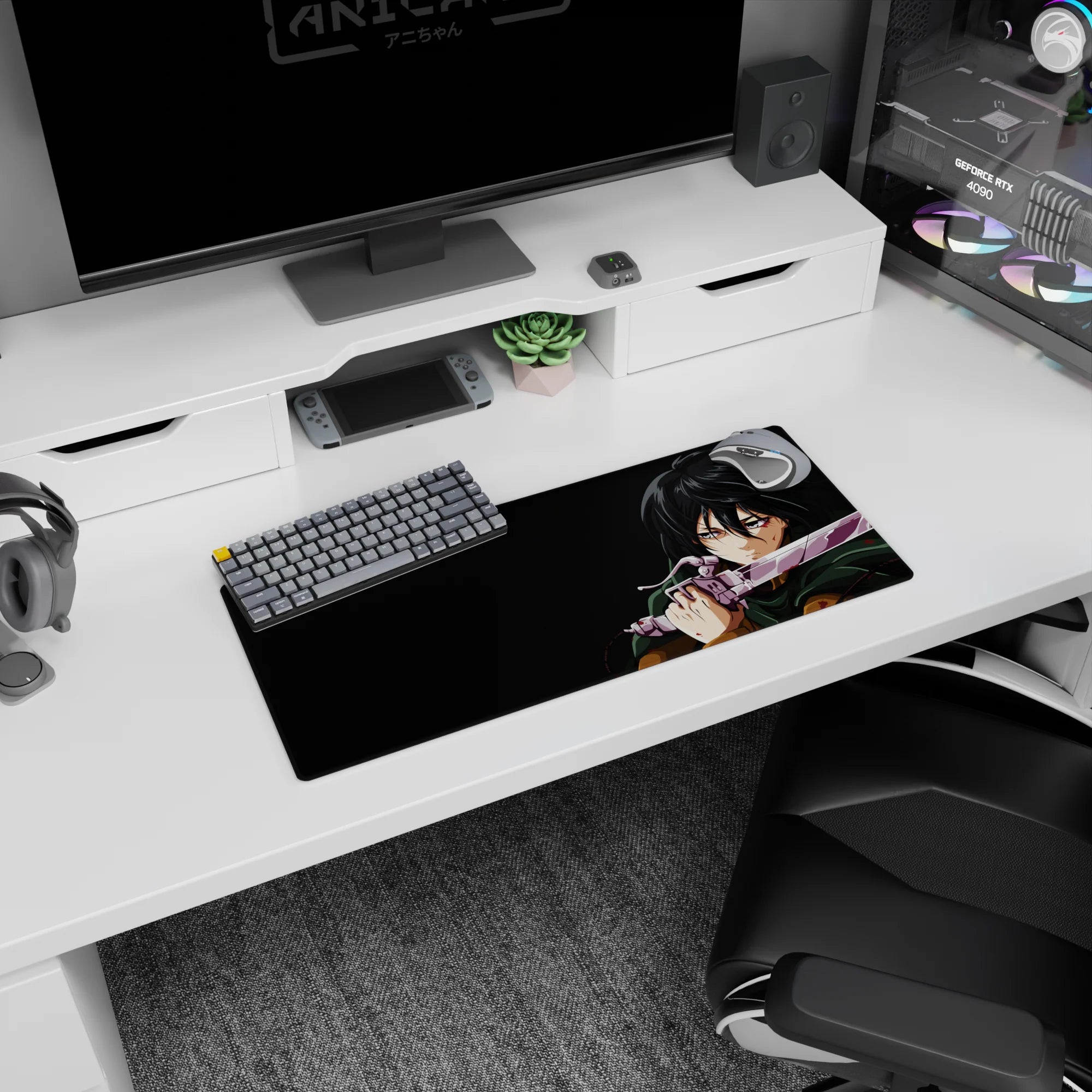 Anime mouse pad 28x12 inches featuring Mikasa Ackerman from Attack on Titan, with intense gaze and forest green cloak.