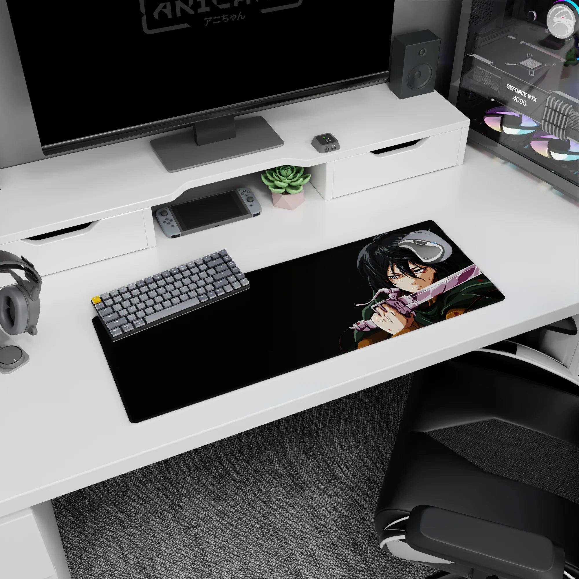 Anime mouse pad 32x12 inches featuring Mikasa Ackerman from Attack on Titan, mid-battle with intense gaze and forest green cloak.