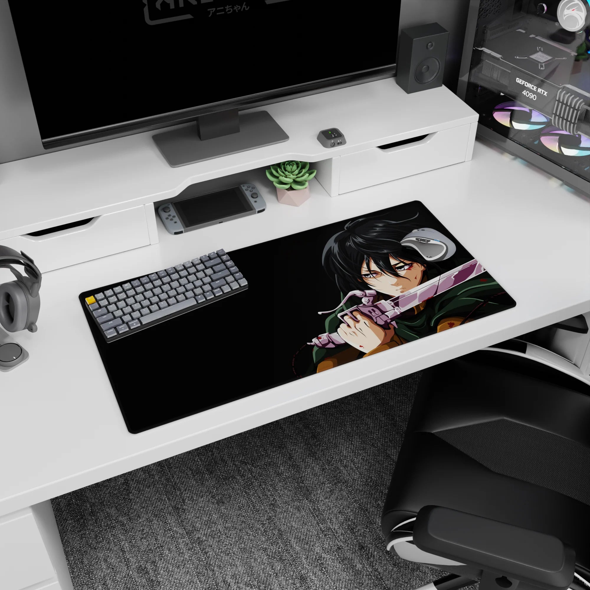 Anime mouse pad 32x16 inches featuring Mikasa Ackerman from Attack on Titan, intense battle stance with vivid details.