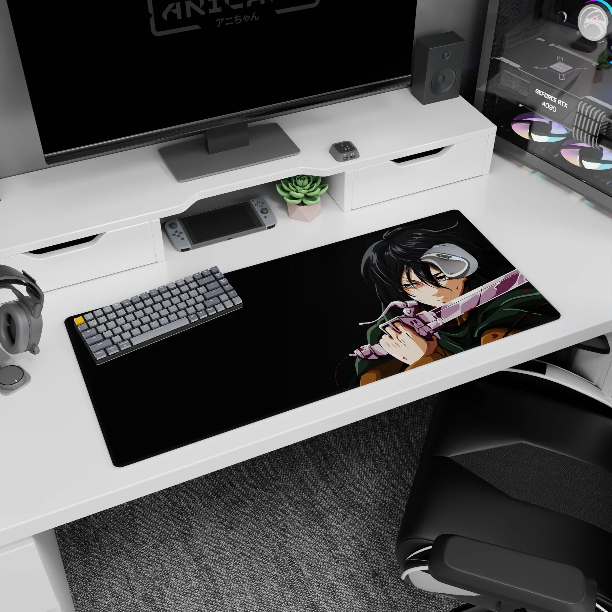 Mikasa Ackerman from Attack on Titan anime battle scene desk pad, 36x16 inches. Bold design with green cloak and violet steel.