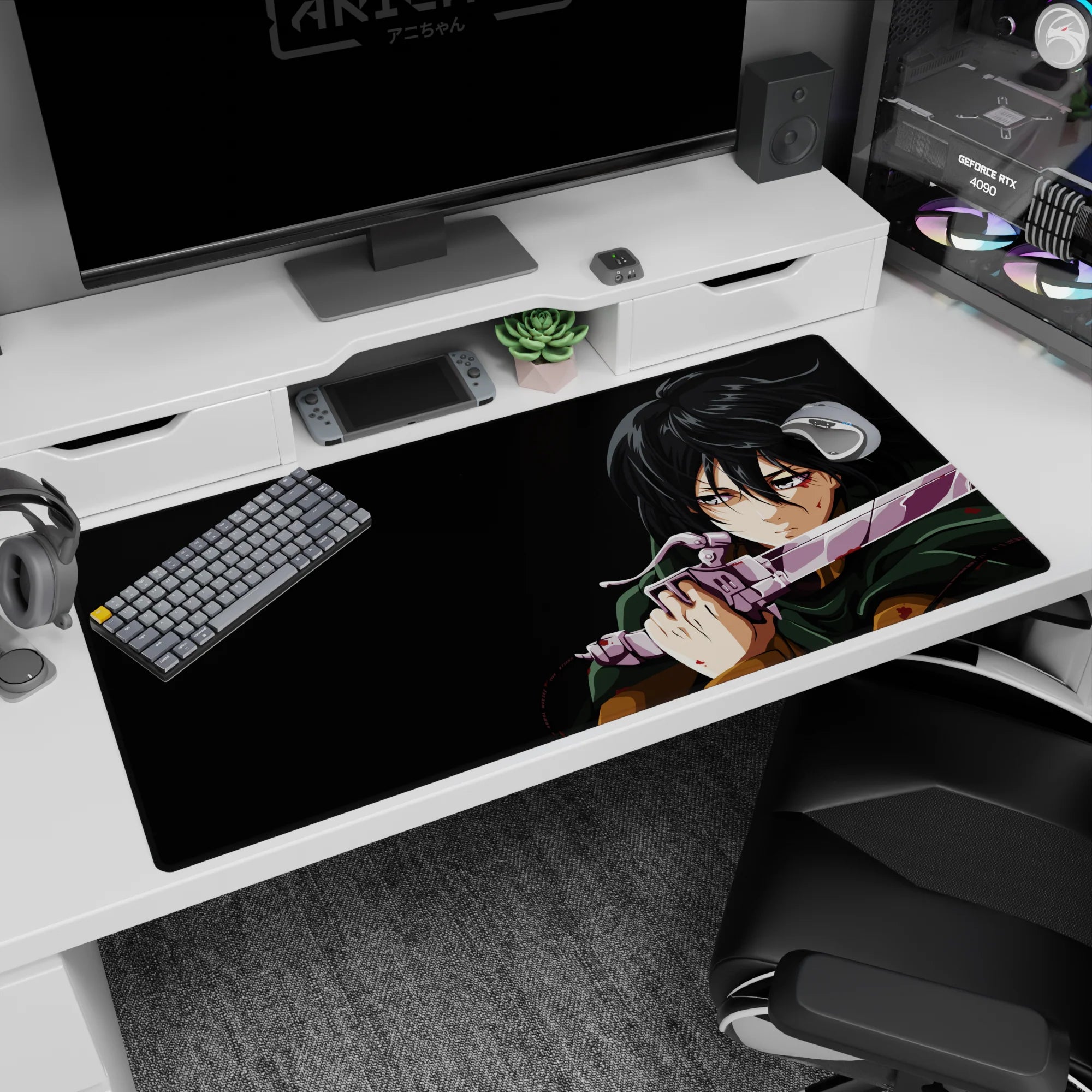 Anime desk pad 40x20 inches featuring Mikasa Ackerman from Attack on Titan in battle, deep green cloak and vivid details.