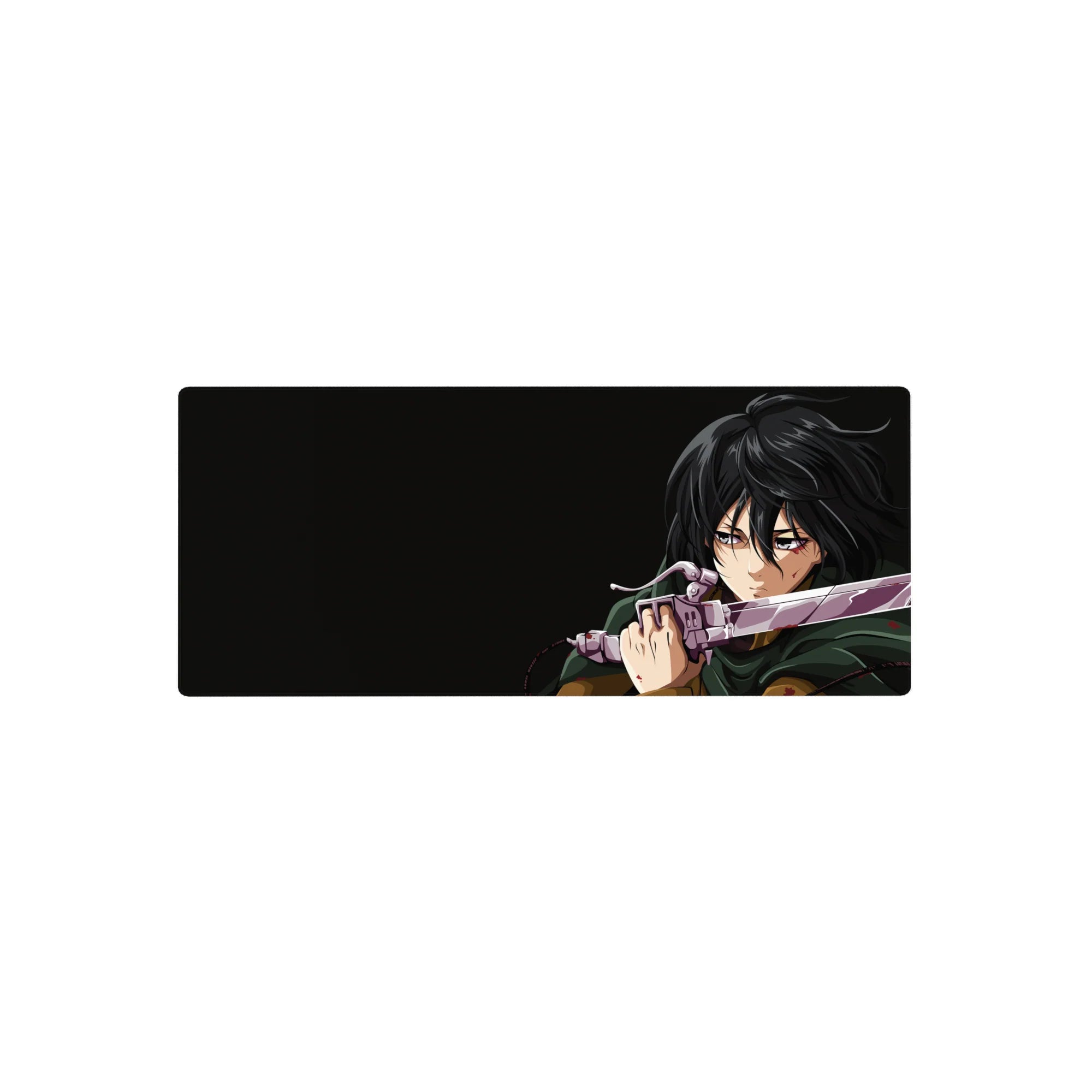 Anime mouse pad featuring Mikasa Ackerman from Attack on Titan, 28x12 inches, in mid-battle with intense gaze and cloak.
