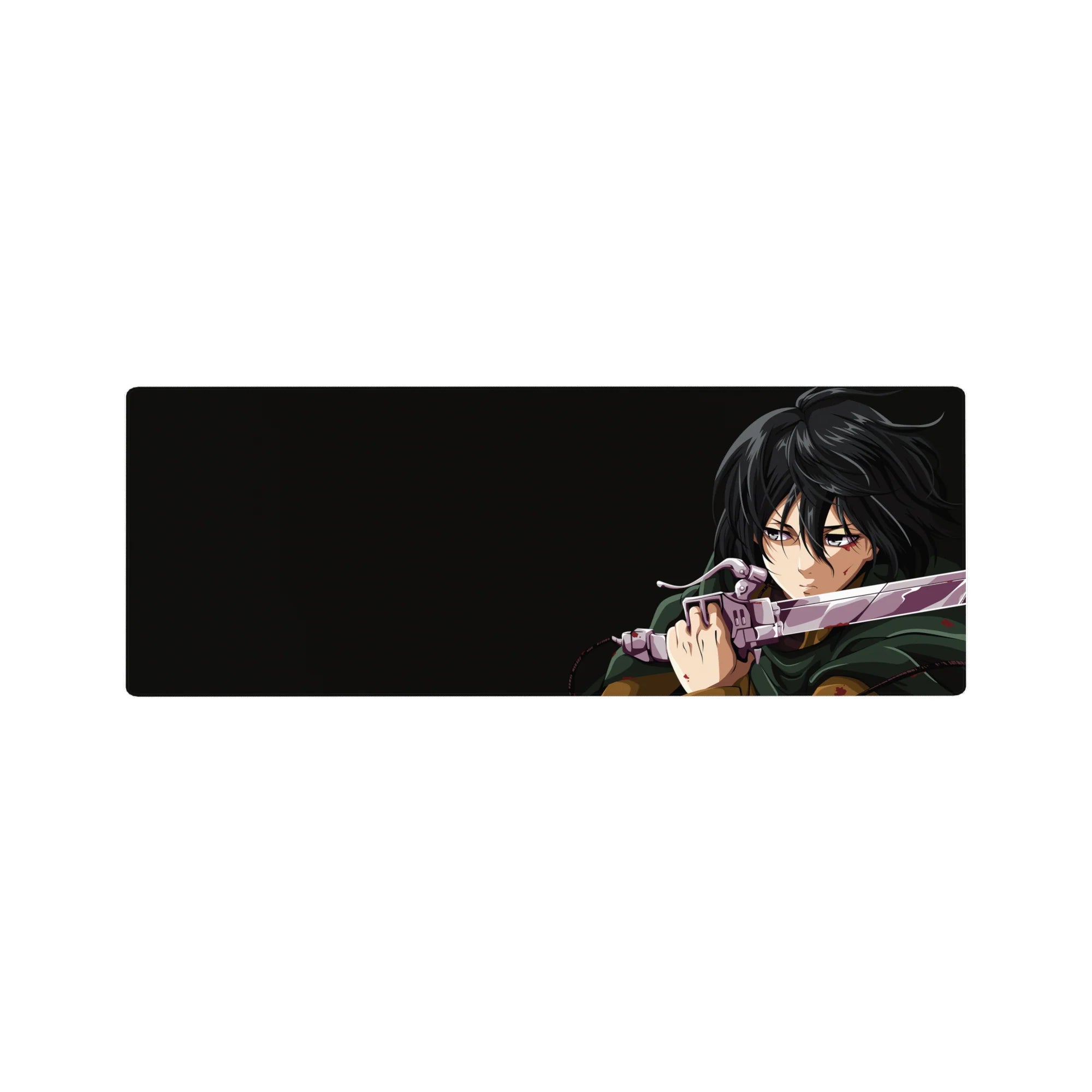 Anime mouse pad featuring Mikasa Ackerman from Attack on Titan, size 32x12 inches, in an intense mid-battle scene.