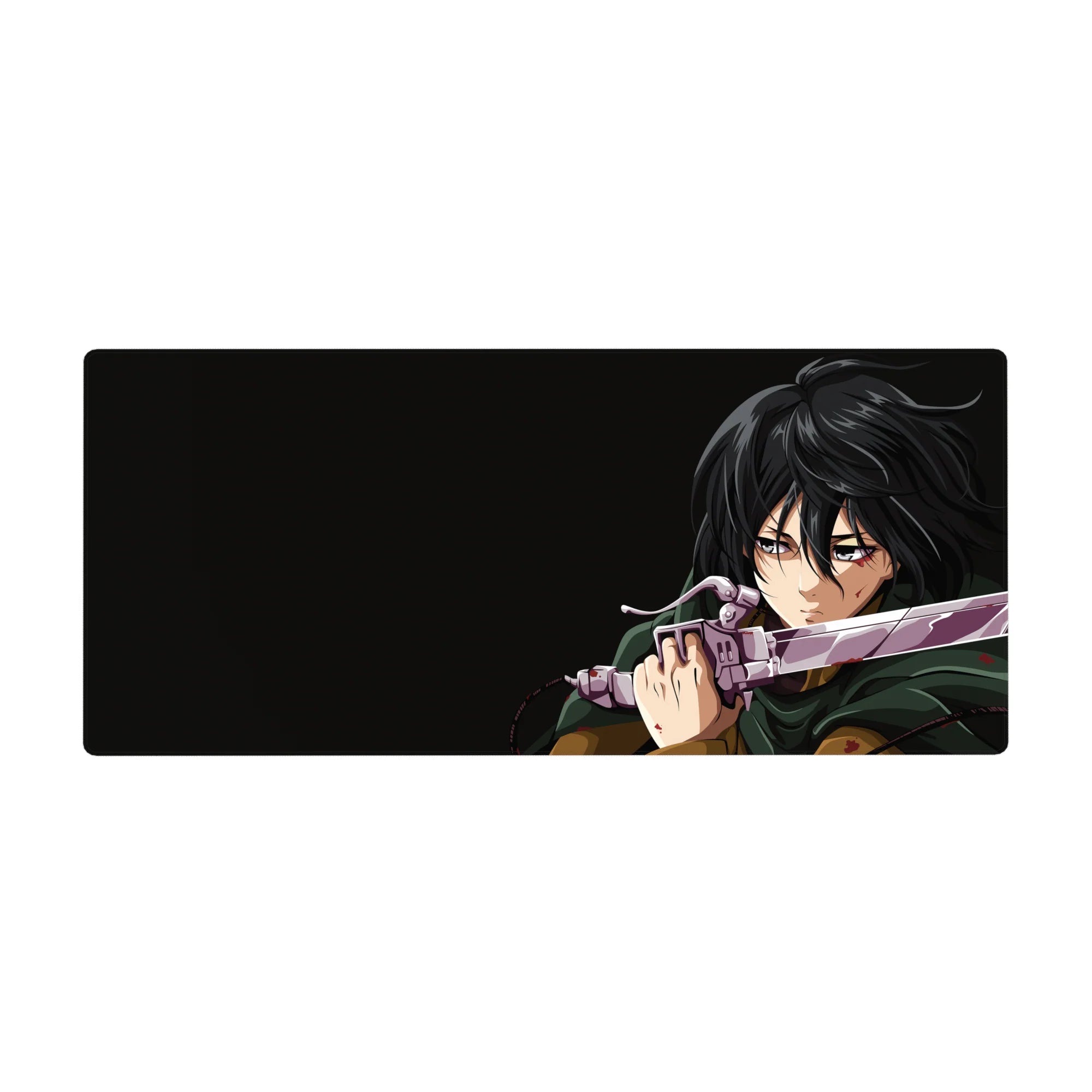Anime desk pad 36x16 inches featuring Mikasa Ackerman from Attack on Titan mid-battle, vivid colors and dynamic design.