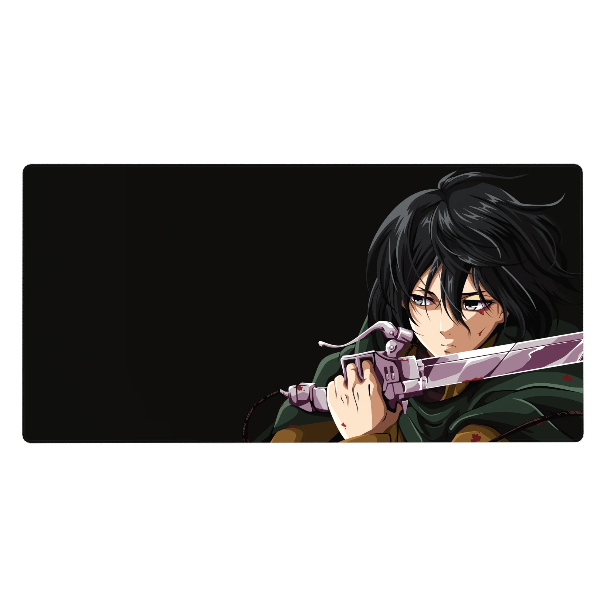 Anime desk pad 40x20 inches featuring Mikasa Ackerman from Attack on Titan, capturing her intense mid-battle stare.