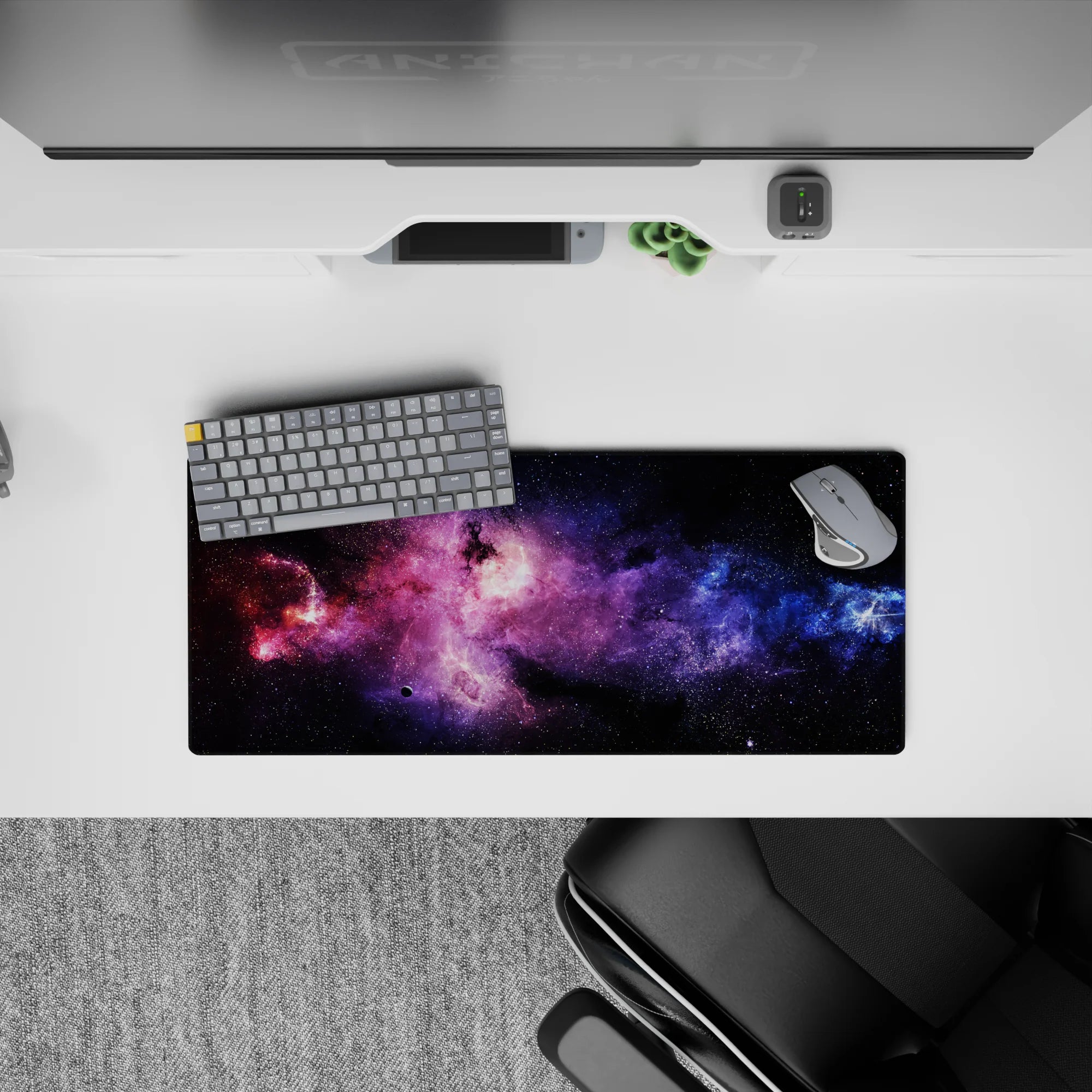 Purple haze and electric blue on midnight black, 28x12 inches, calming dreamy desk mouse pad.
