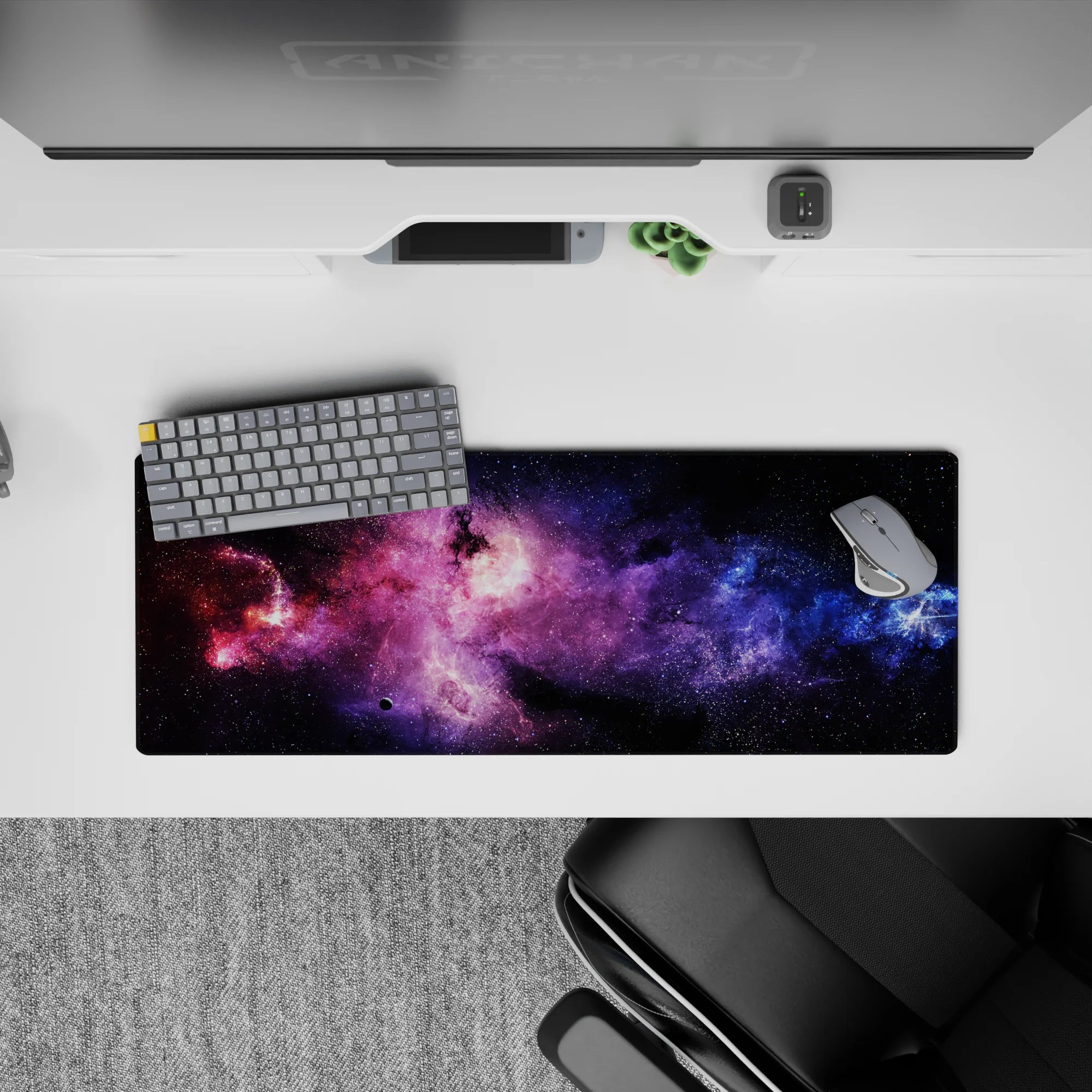 Purple haze and electric blue on midnight black mouse pad 32x12 inches for a calm cosmic mood.