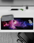 Purple haze and electric blue on midnight black mouse pad 32x12 inches for a calm cosmic mood.