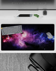 Dreamy purple haze and electric blue on midnight black mouse pad 32x16 inches, calming space vibe.