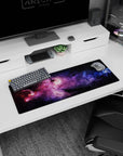 Deep space starfield scene mouse pad 32x12 inches with glitter-like stars across blue clouds.