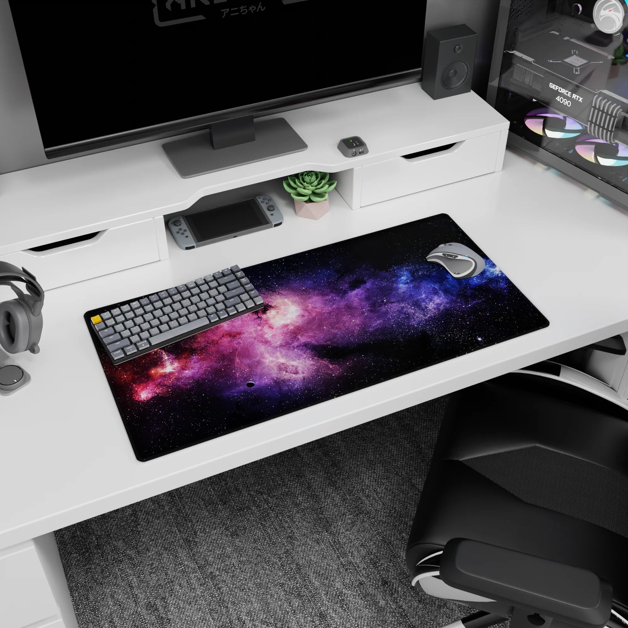 Deep space cloudscape with tiny glitter-like stars mouse pad 32x16 inches for extended desktops.