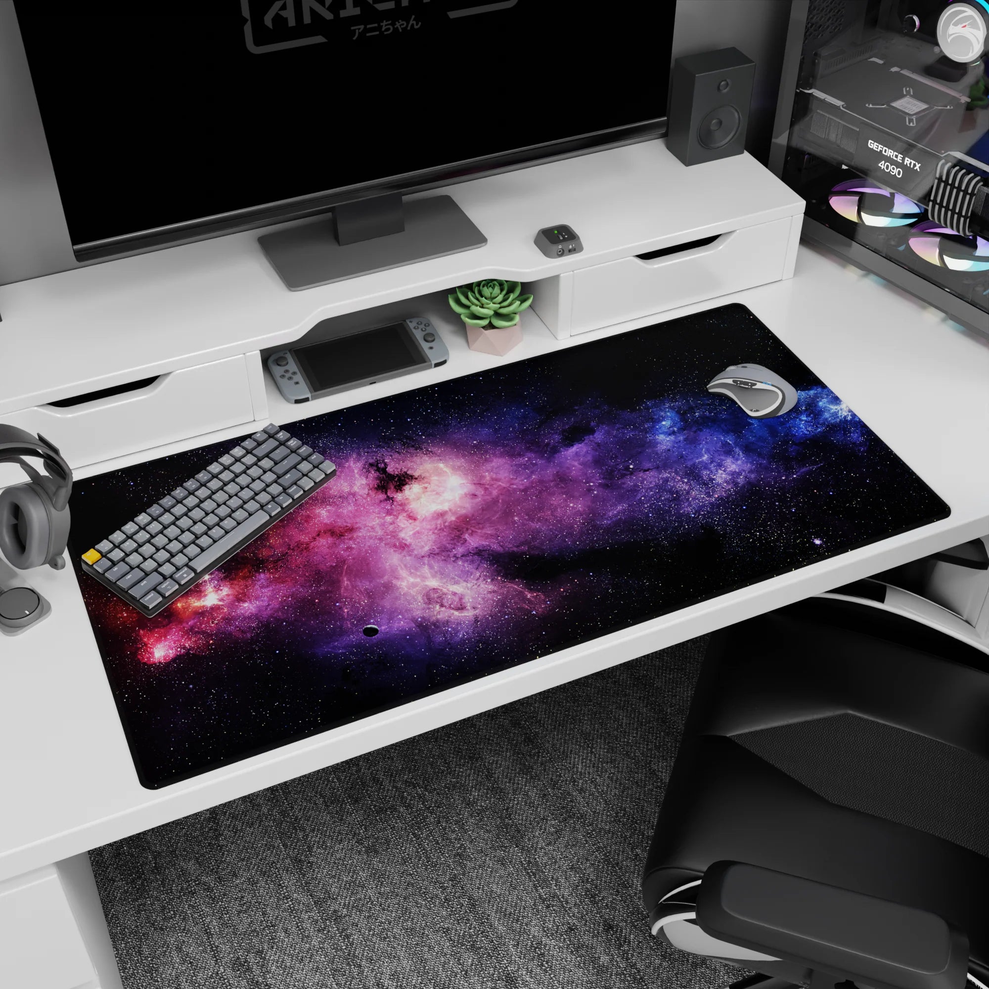 Deep space starfield scene desk pad 40x20 inches featuring glitter-like stars across nebula clouds.