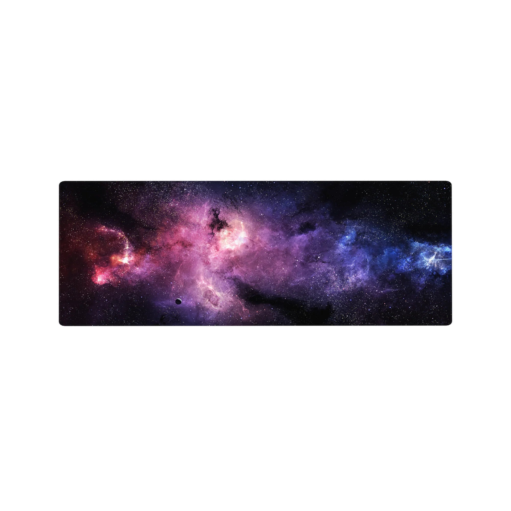 Nebula galaxy desk mouse pad 32x12 inches with swirling clouds and scattered tiny stars.