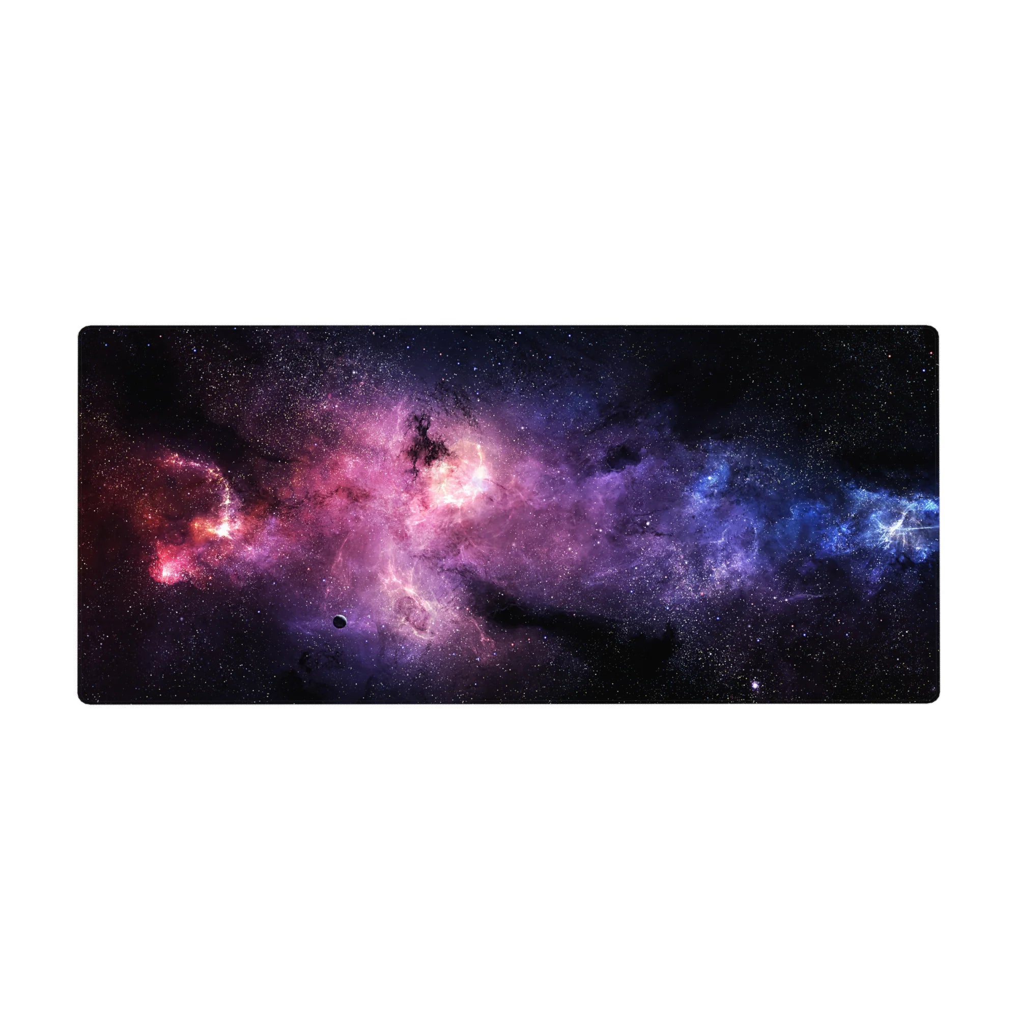 Nebula galaxy desk pad 36x16 inches with swirling clouds and scattered tiny stars for smooth tracking.
