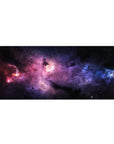 Nebula galaxy desk pad 36x16 inches with swirling clouds and scattered tiny stars for smooth tracking.