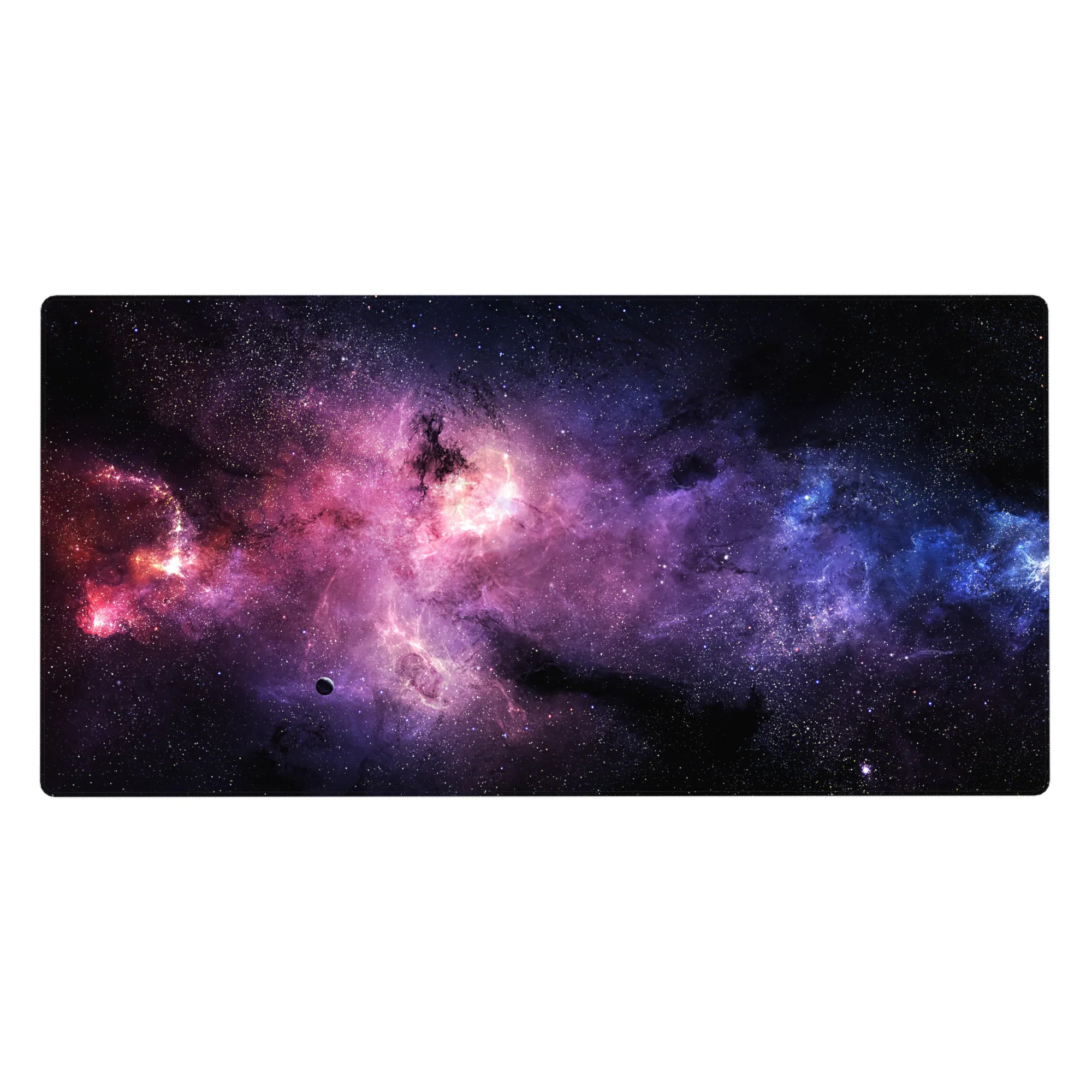 Nebula galaxy desk pad 40x20 inches with swirling space clouds and scattered tiny stars.