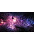 Nebula galaxy desk pad 40x20 inches with swirling space clouds and scattered tiny stars.