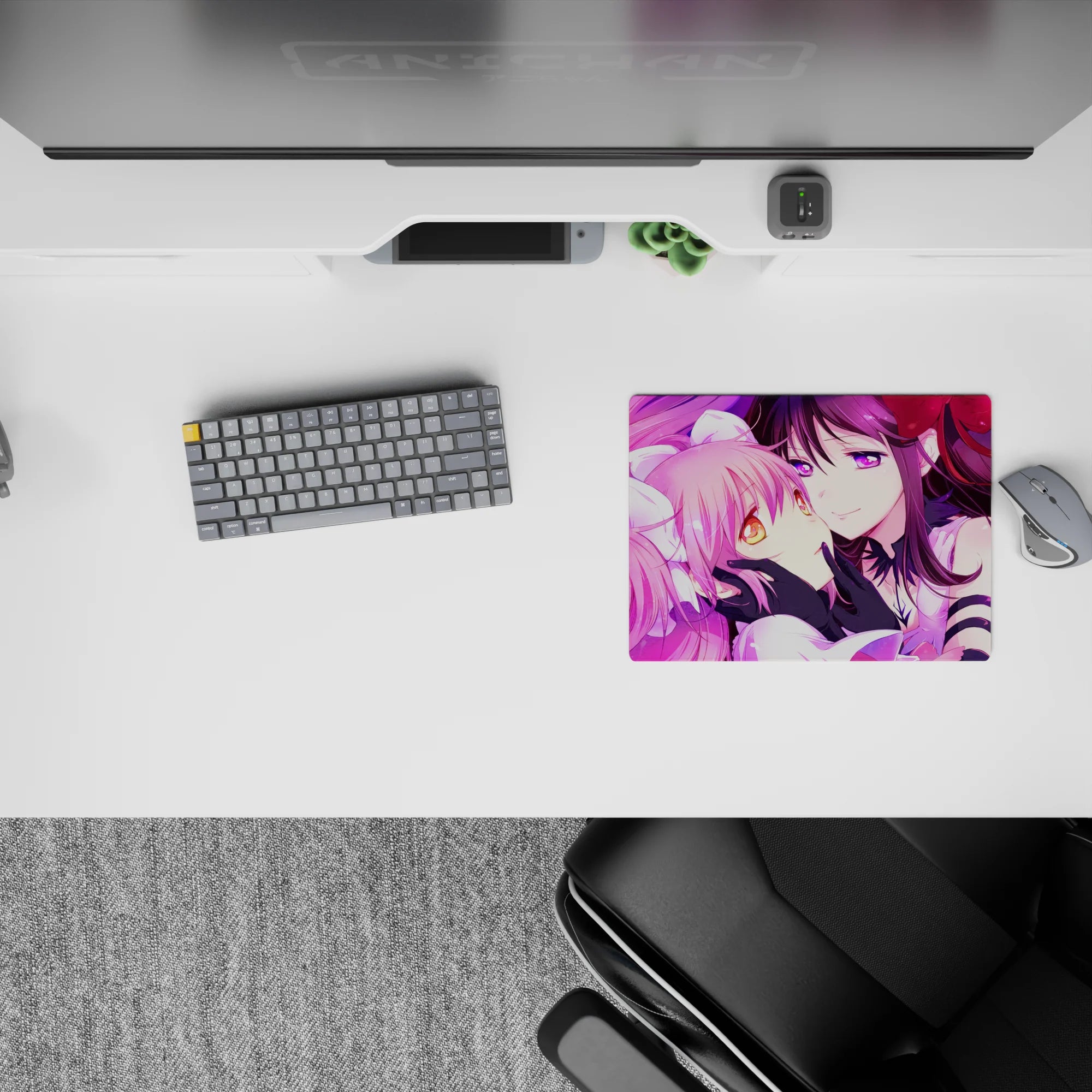 Neon magenta and violet glow anime mouse pad 14x10 inches, dreamy stained-glass swirl background.