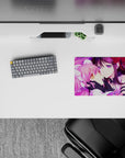 Neon magenta and violet glow anime mouse pad 14x10 inches, dreamy stained-glass swirl background.