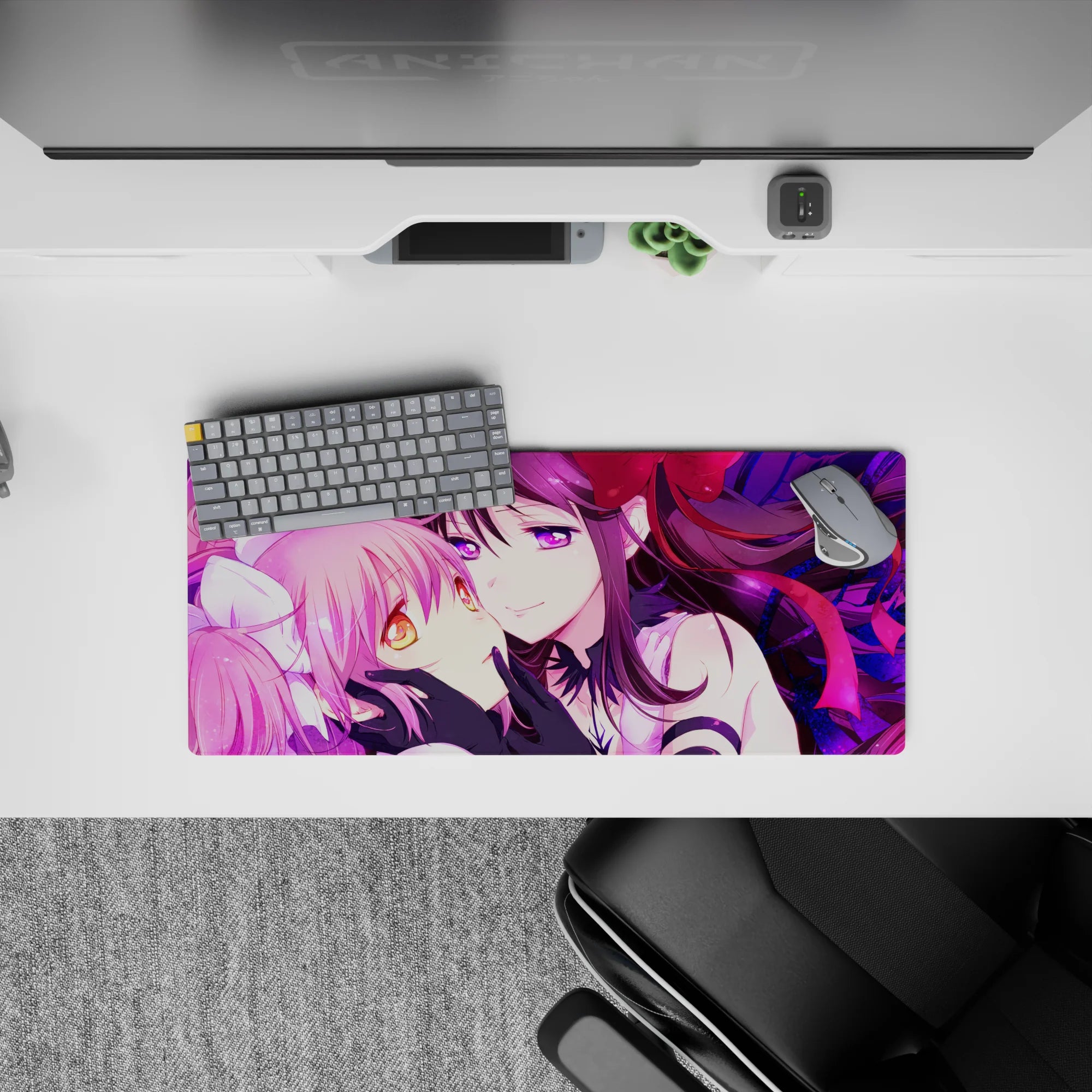 28x12 inches neon magenta and violet anime mouse pad with dreamy stained-glass swirl background.